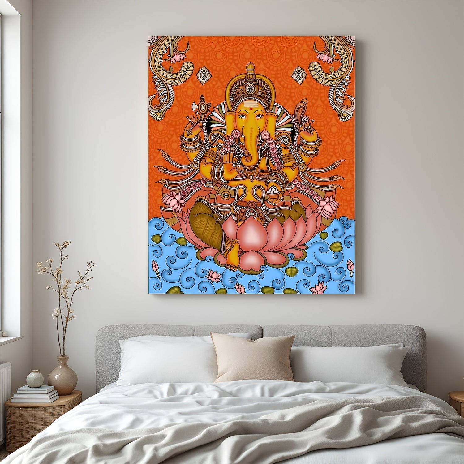 Lord Ganesha Kerala mural canvas wall art in premium canvas wrapped frame with intricate traditional detailing