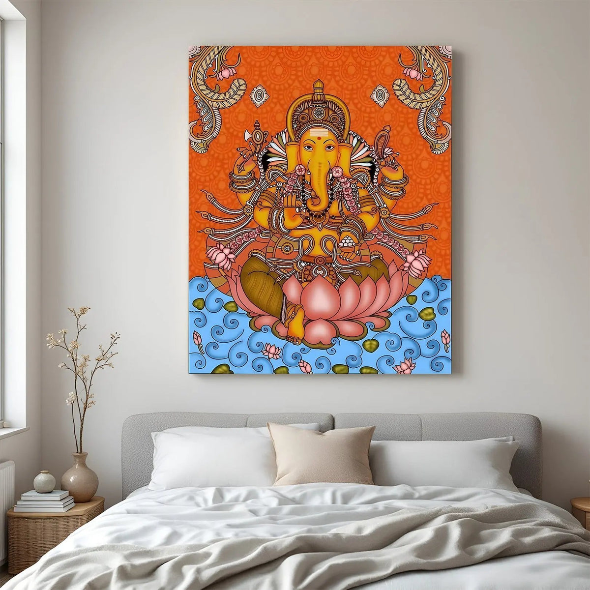 Lord Ganesha Kerala mural canvas wall art in premium canvas wrapped frame with intricate traditional detailing