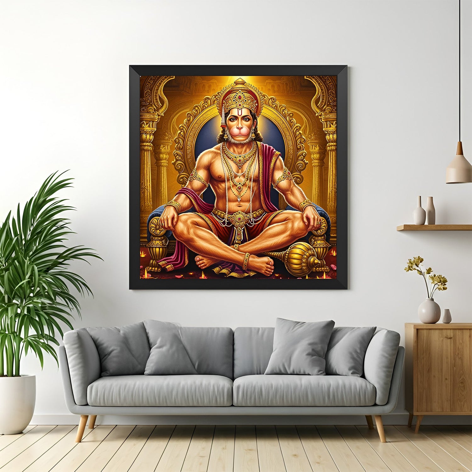 Black floater frame Lord Hanuman canvas wall art for powerful spiritual home and office decoration