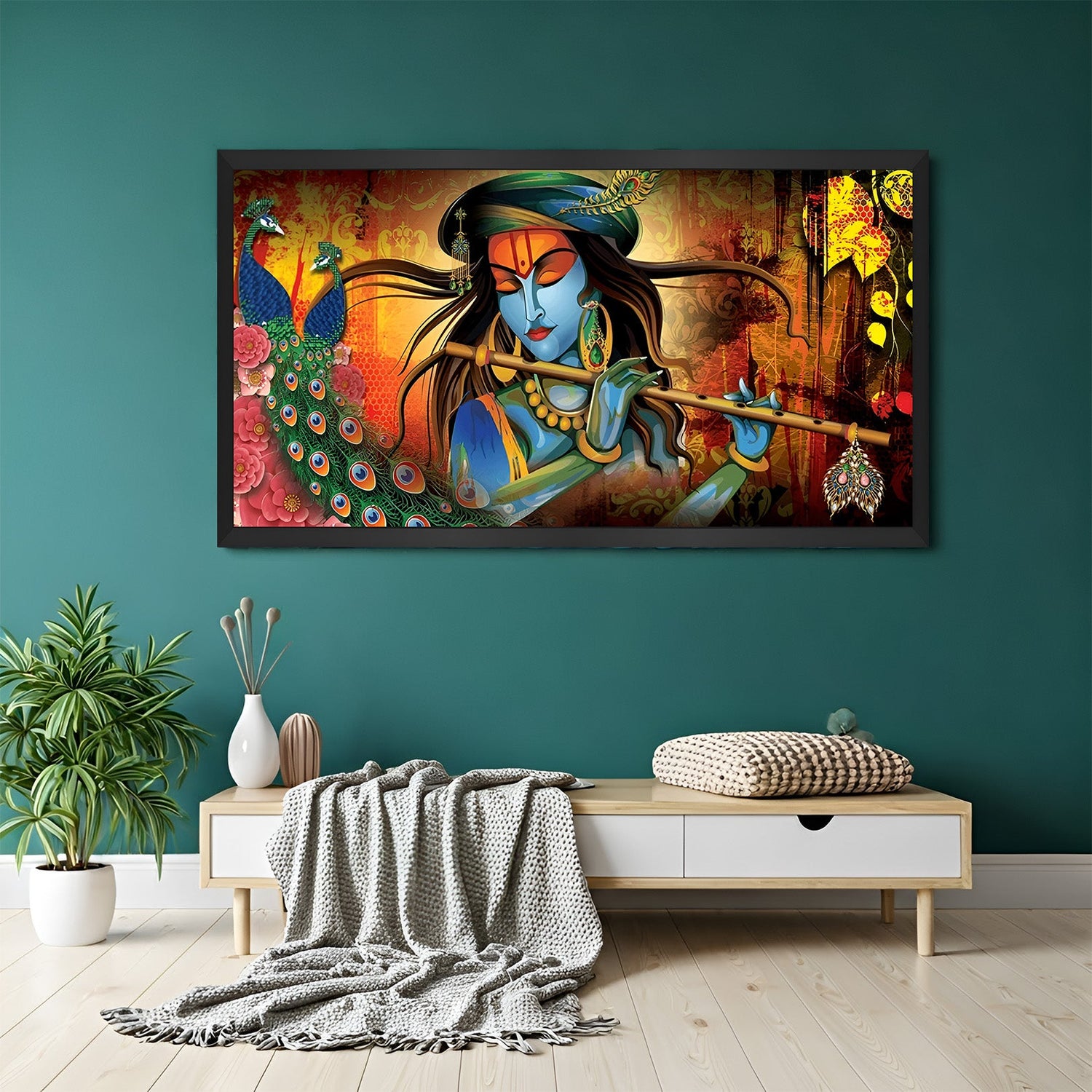 Lord Krishna canvas wall painting in black floater frame for pooja room Vastu and office wall decor