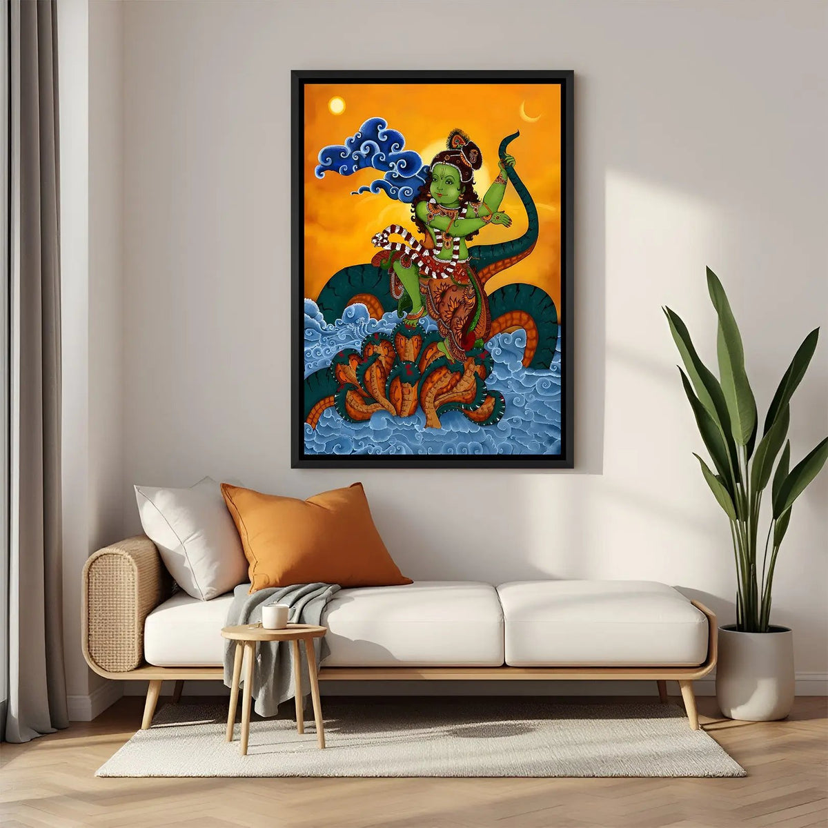 Lord Krishna Kalia Naag Kerala mural wall painting in elegant black floater frame for spiritual interiors