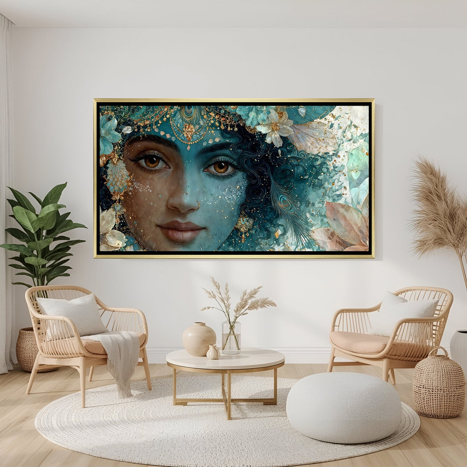 Elegant Lord Krishna wall decor in gold frame with teal floral detailing.