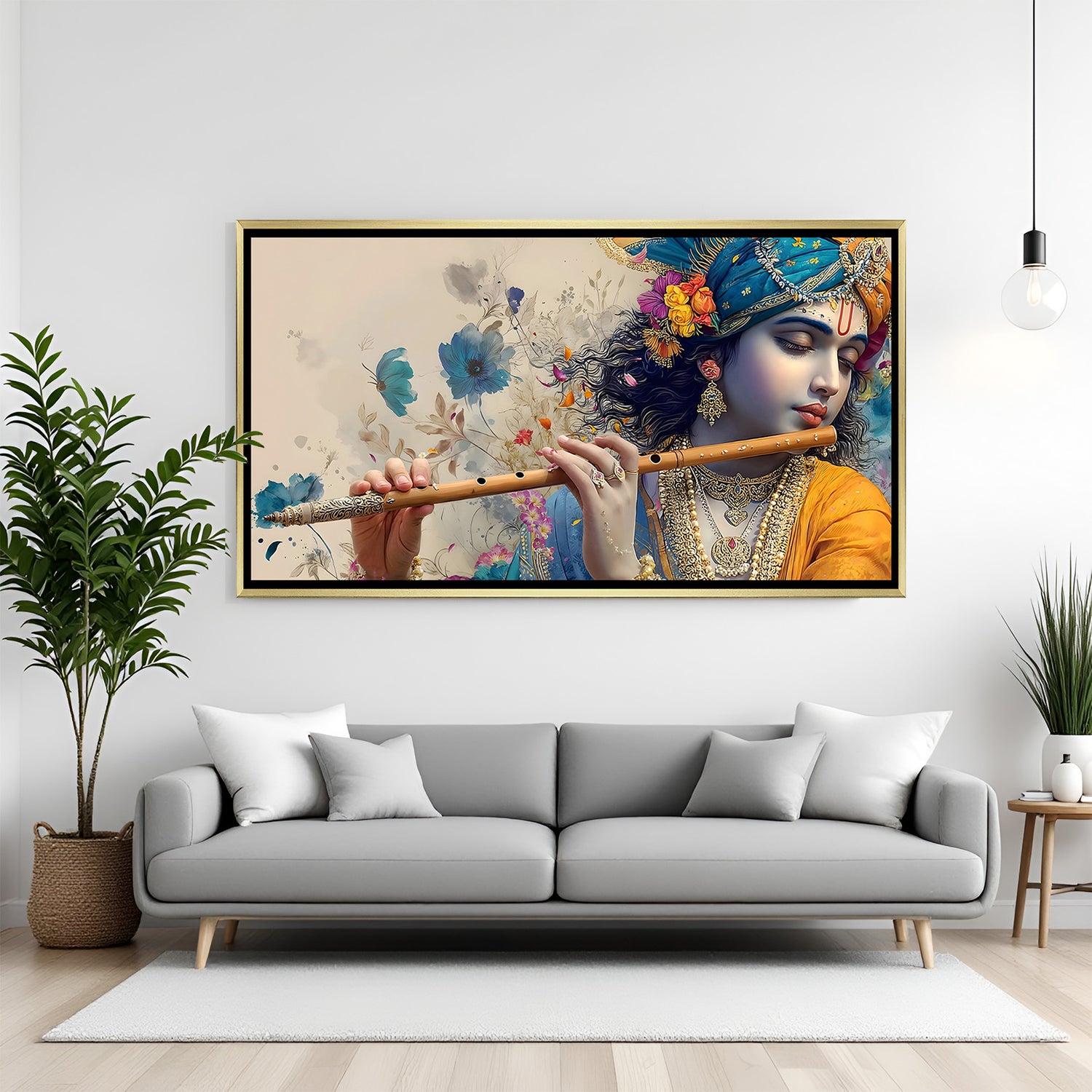 Elegant Lord Krishna wall art in gold frame with floral background.