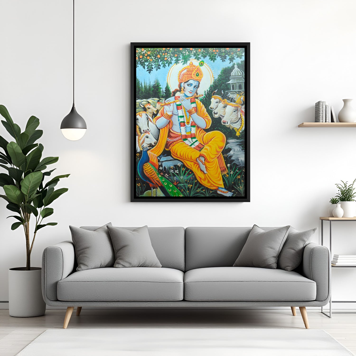 Lord Krishna hand painting playing flute with cows and peacock in black floater frame – divine canvas wall art