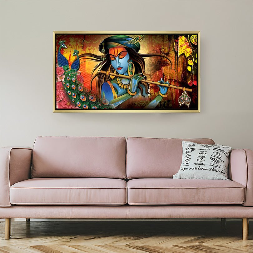 Golden frame Krishna wall art for spiritual Vastu decor in pooja room and peaceful office space