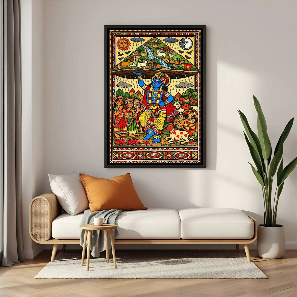 Madhubani style Lord Krishna Govardhan Parvat artwork in elegant black floater frame for modern traditional interiors