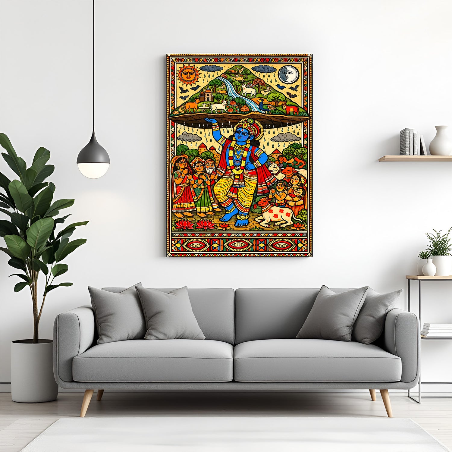 Lord Krishna lifting Govardhan Parvat Madhubani art canvas in premium wrapped frame with traditional folk detailing