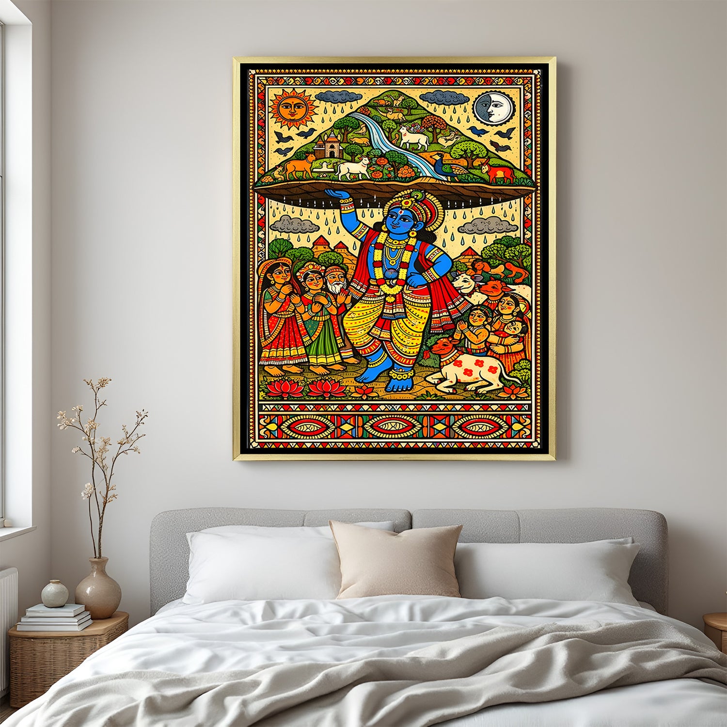 Divine Lord Krishna lifting Govardhan Parvat Madhubani painting in luxury golden floater frame with detailed folk art design