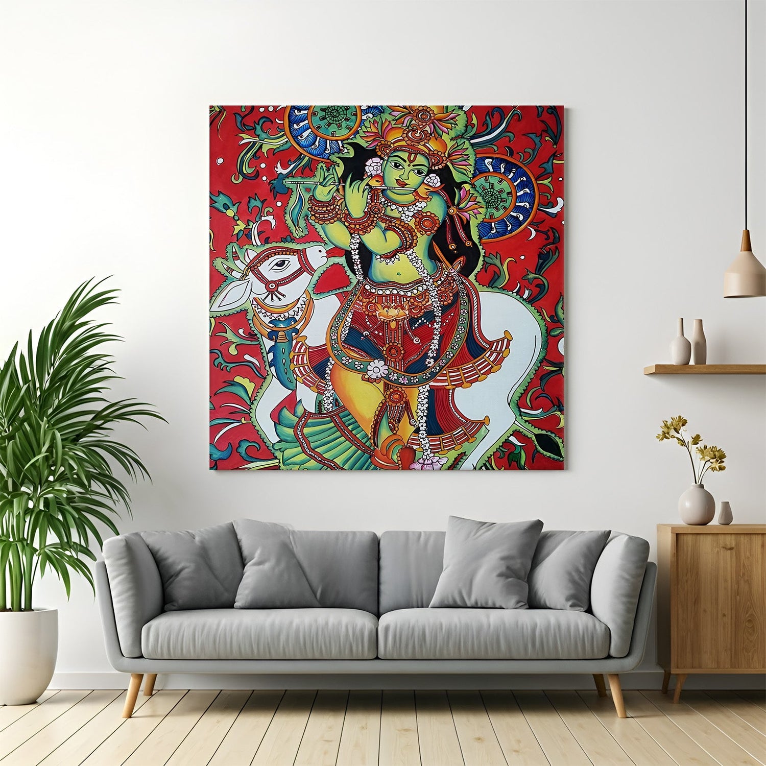 Lord Krishna Kerala mural canvas painting – traditional South Indian art for ethnic and spiritual wall decor