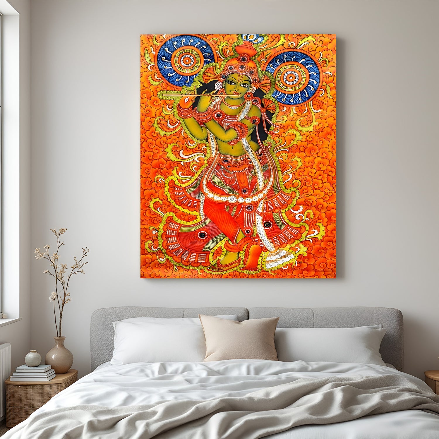Lord Krishna Kerala mural canvas wall art in premium canvas wrapped frame with vibrant traditional detailing