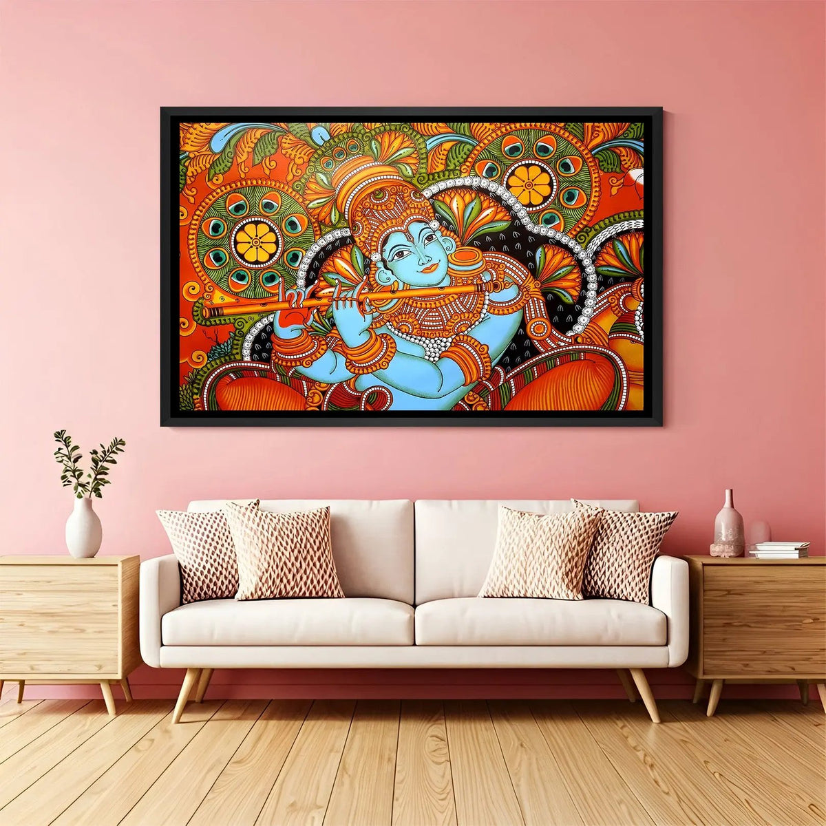 Lord Krishna flute Kerala mural wall painting in elegant black floater frame for spiritual interiors