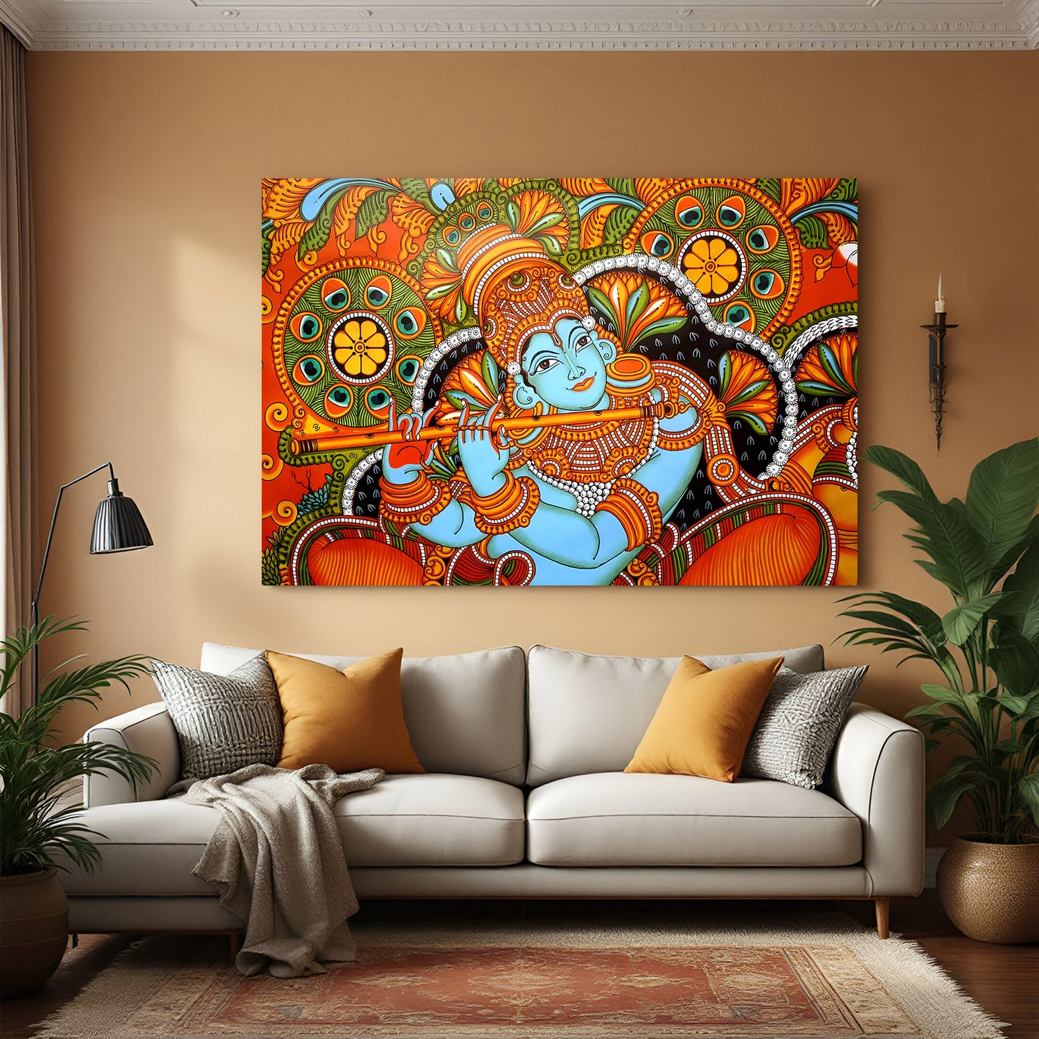Lord Krishna playing flute Kerala mural canvas wall art in premium canvas wrapped frame with vibrant traditional detailing