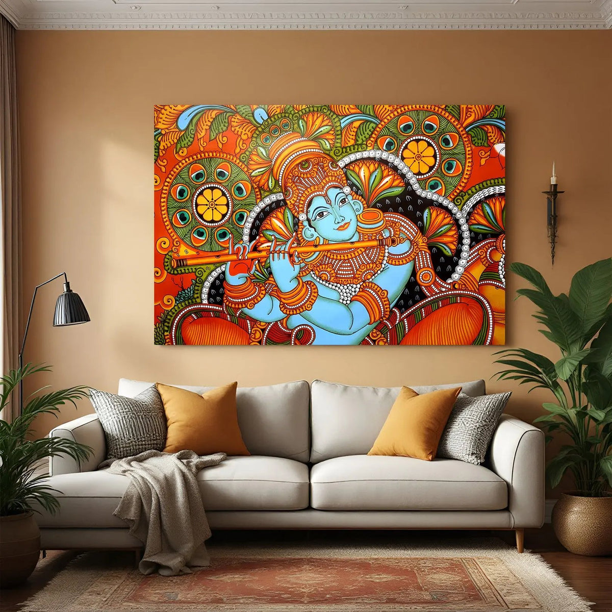 Lord Krishna playing flute Kerala mural canvas wall art in premium canvas wrapped frame with vibrant traditional detailing
