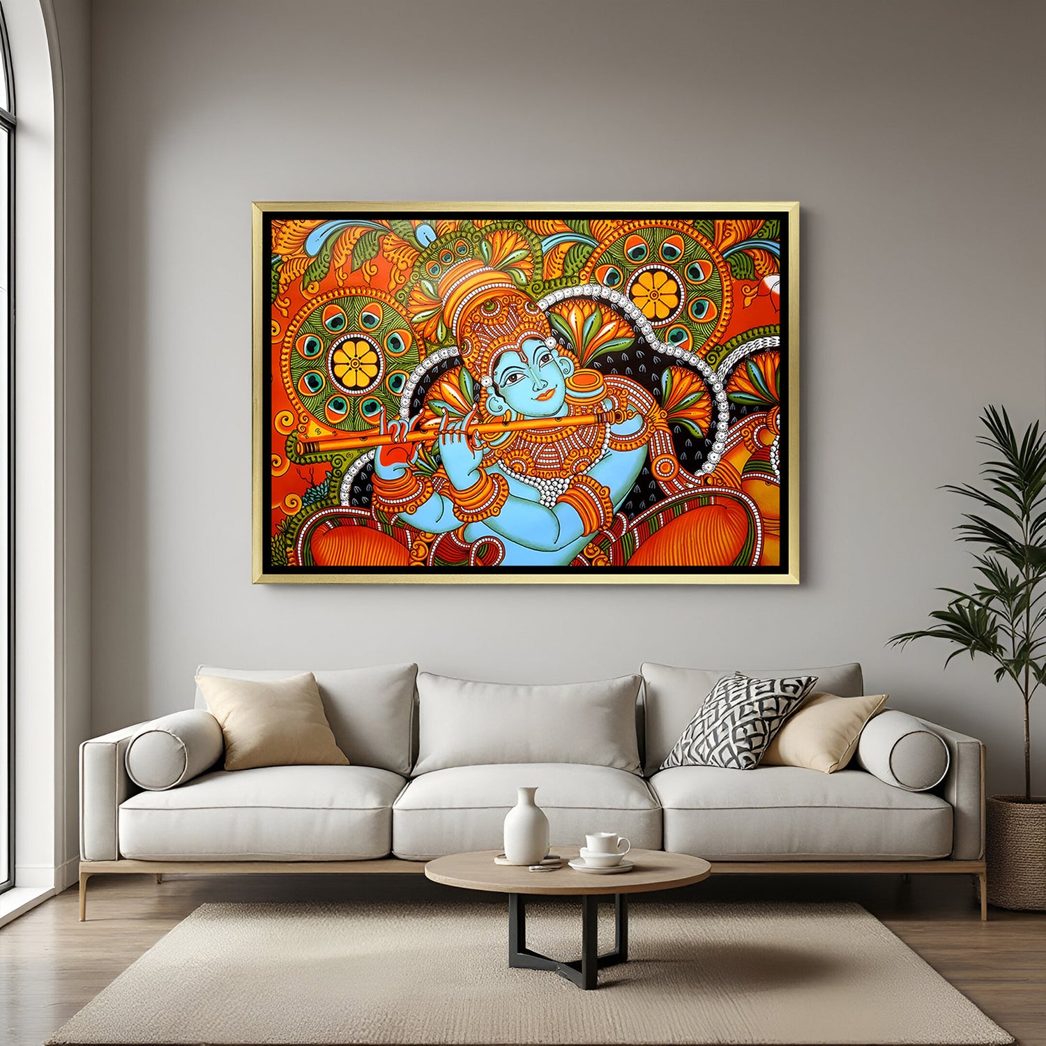 Luxury Lord Krishna playing flute Kerala mural artwork in golden floater frame with intricate traditional Indian design
