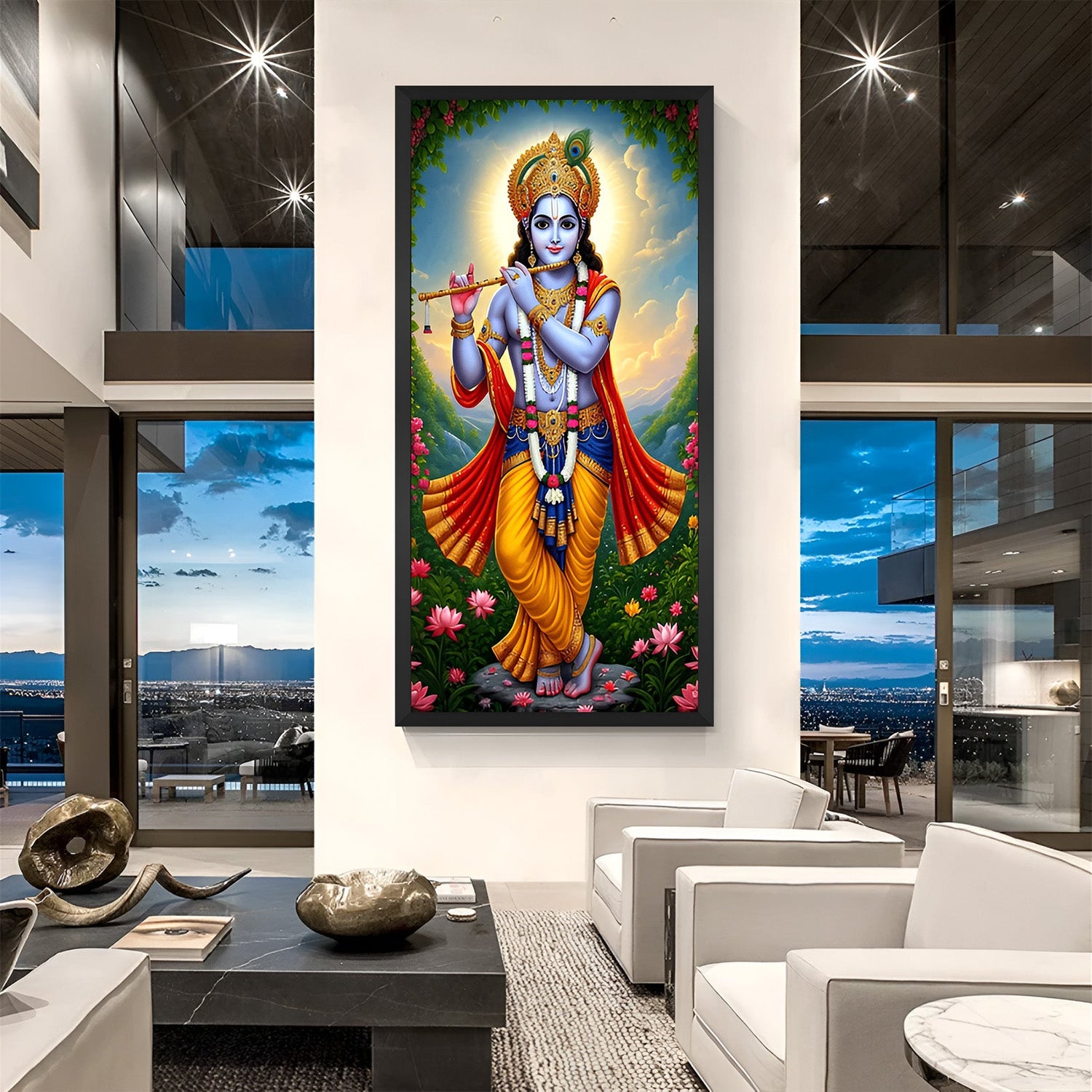 Lord Krishna Painting in black floater frame for spiritual wall decor and Vastu balance in home interiors or prayer spaces