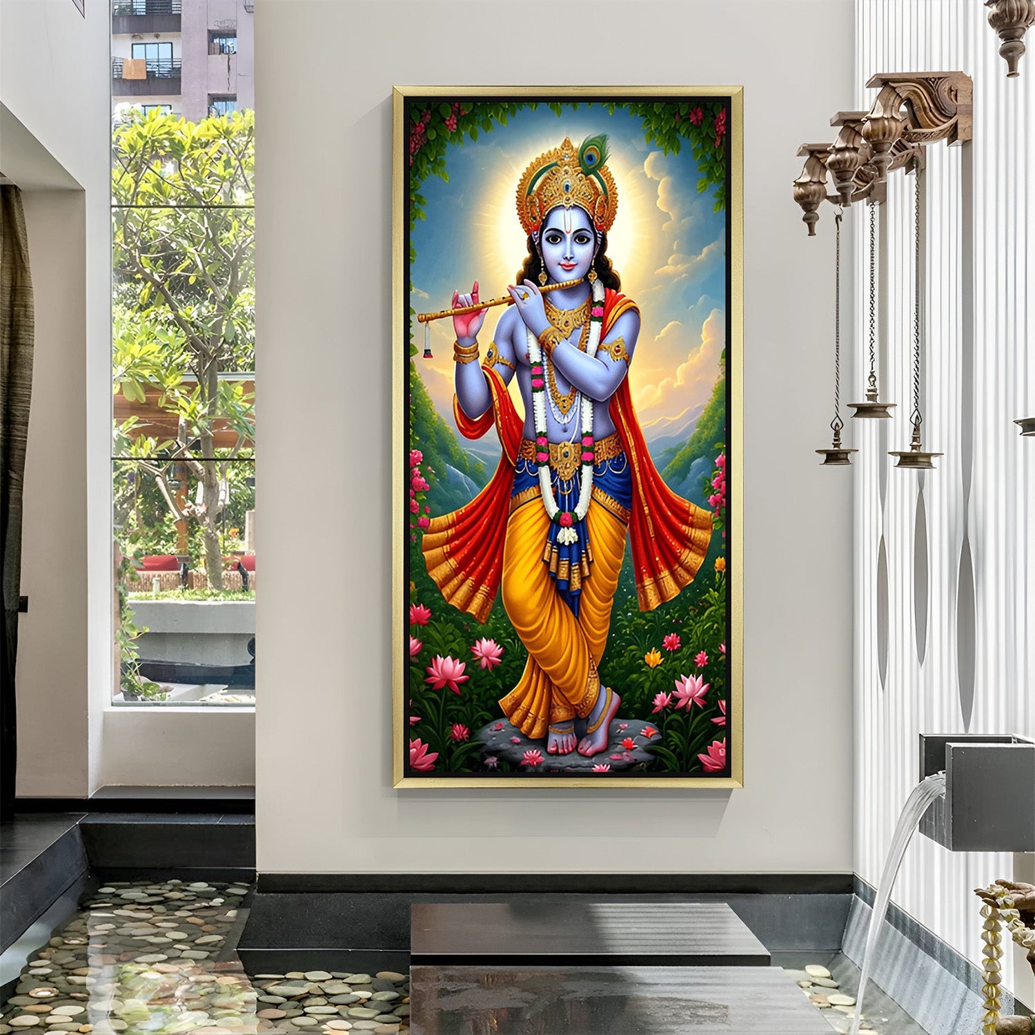 Golden floater frame Lord Krishna Wall Art for peaceful and Vastu-approved decor in living rooms, temples, or meditation spaces