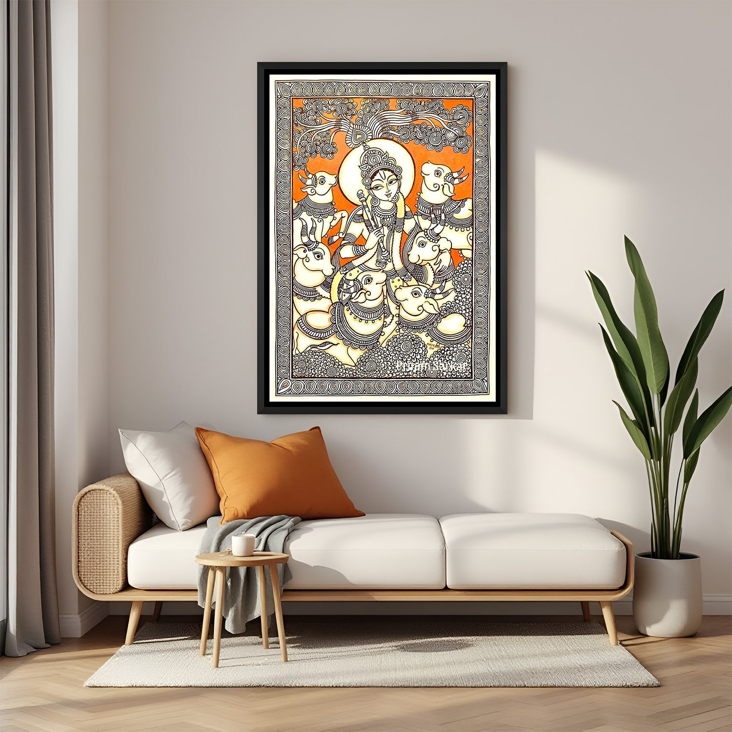 Lord Krishna Kalamkari wall painting with sacred cows in elegant black floater frame