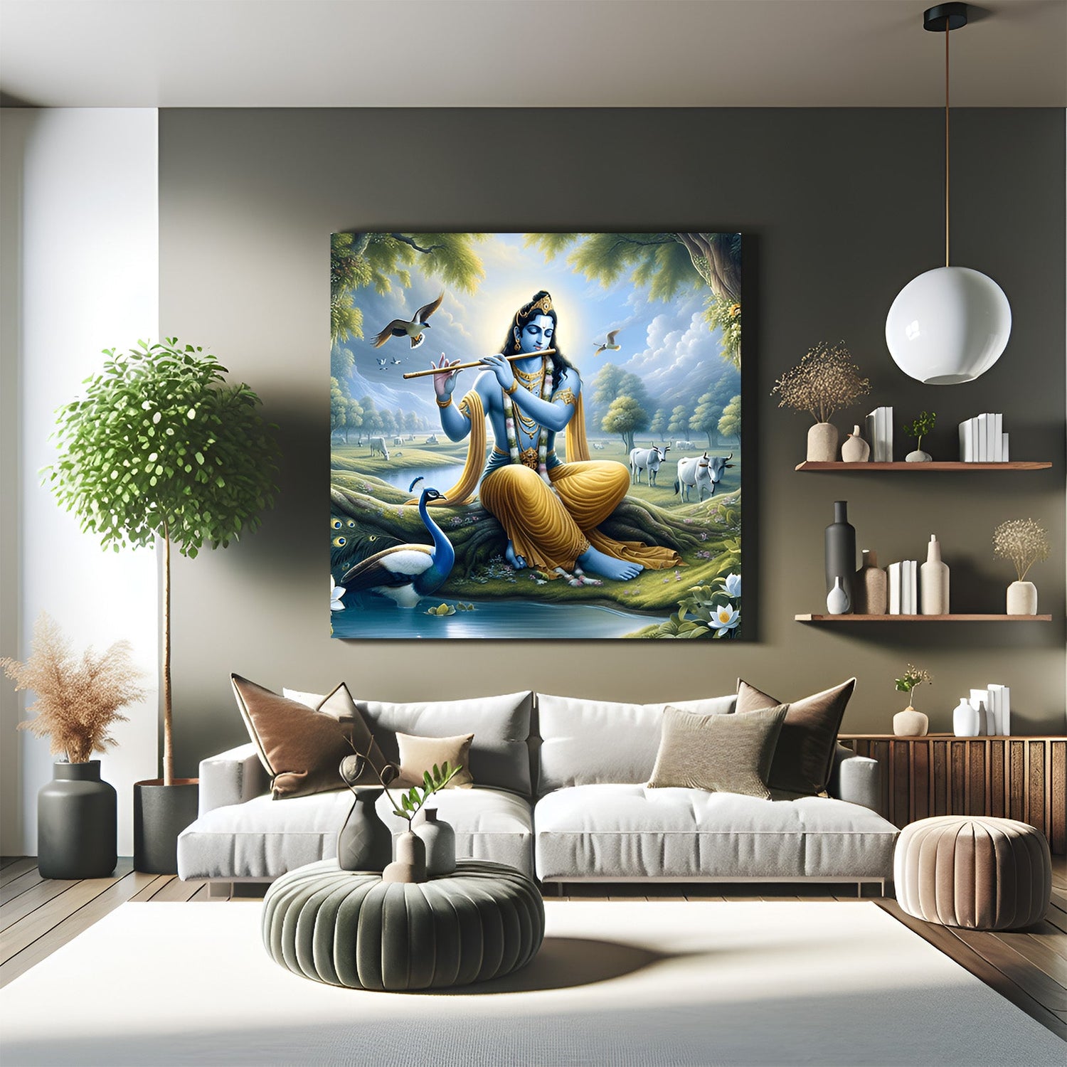Lord Krishna with Flute Vastu Canvas Wall Art for home and office, symbolizing love, divine peace, and positive energy through spiritual artwork