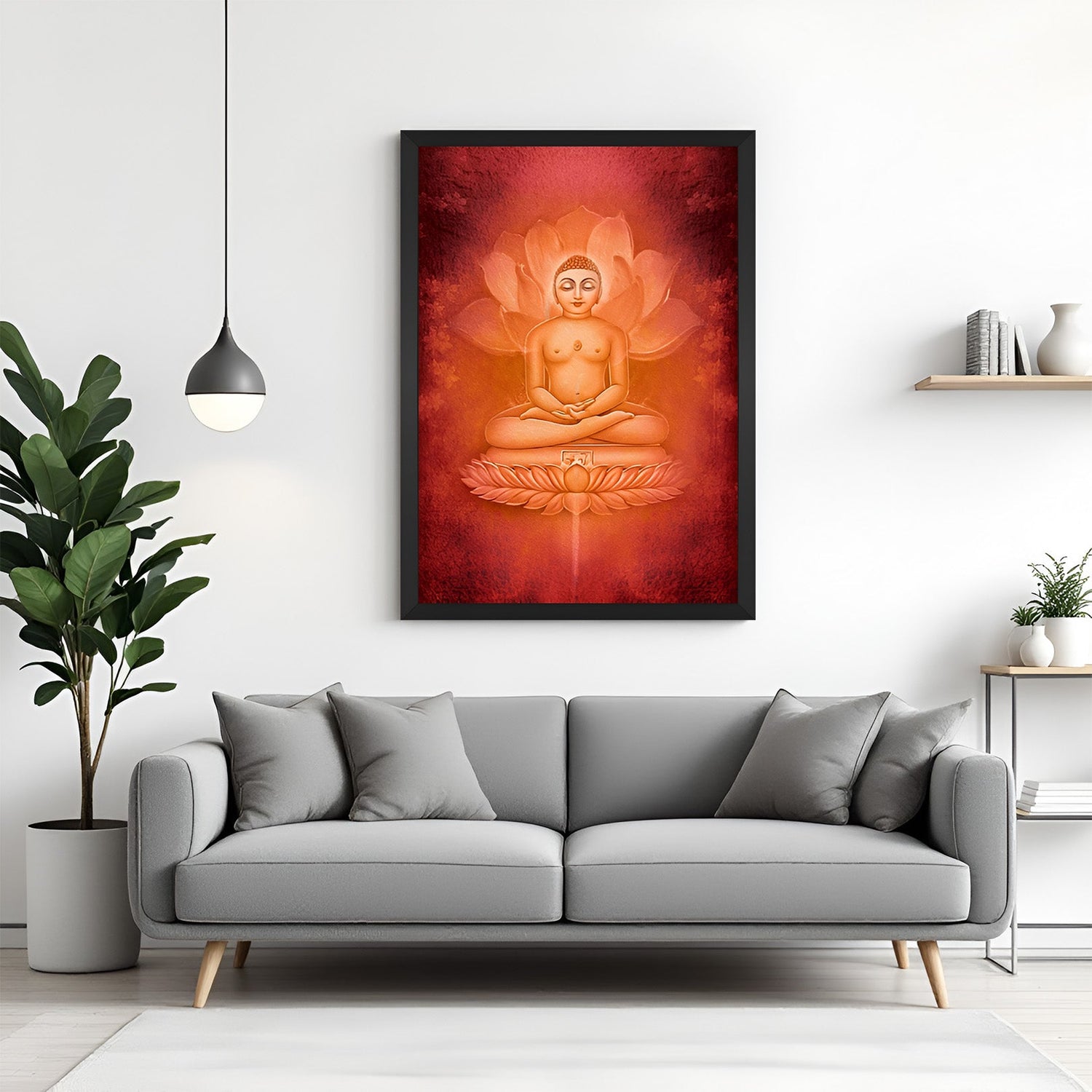 black floater frame mahaveer ji canvas vastu wall painting for jain spiritual decor promoting peace discipline and inner awakening