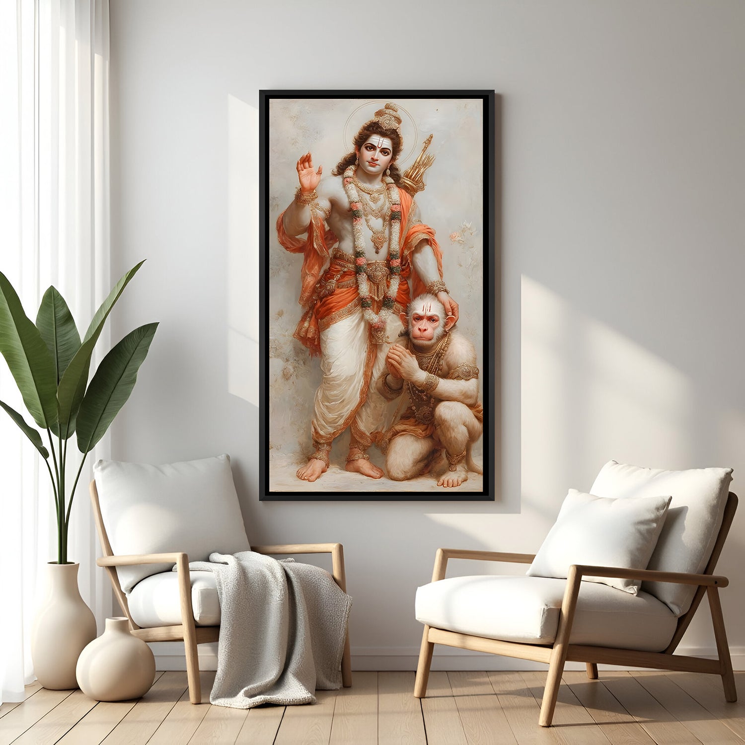 Lord Shri Ram with Hanuman Ji framed wall art in black frame for living room decor India.