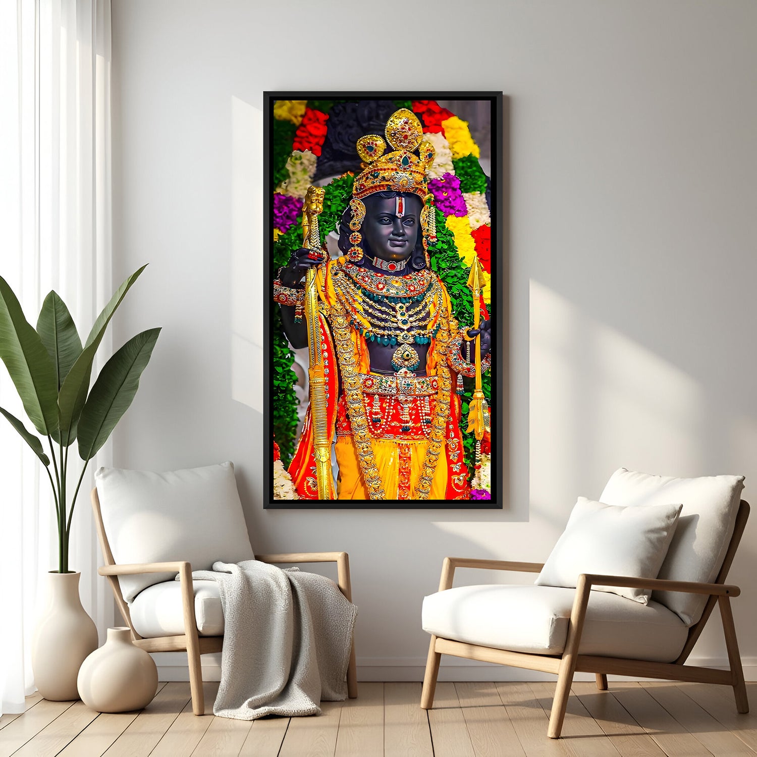 Lord Shri Ram temple style idol wall art in black frame for living room India.