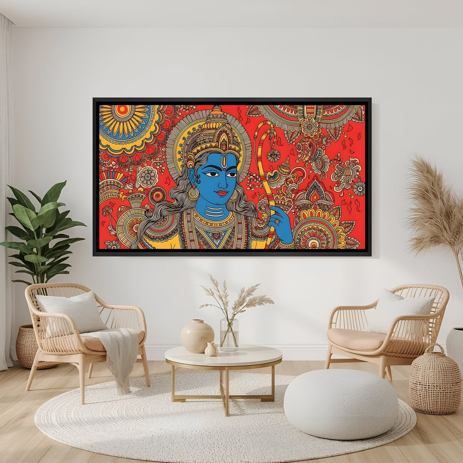 Lord Ram Kalamkari spiritual canvas artwork in premium black floater frame