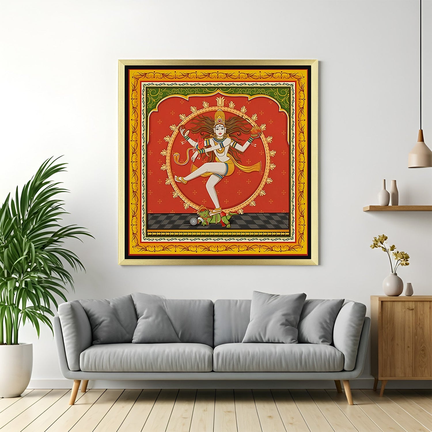 Lord Shiva canvas wall painting in golden floater frame for Vastu-aligned spiritual Indian interiors