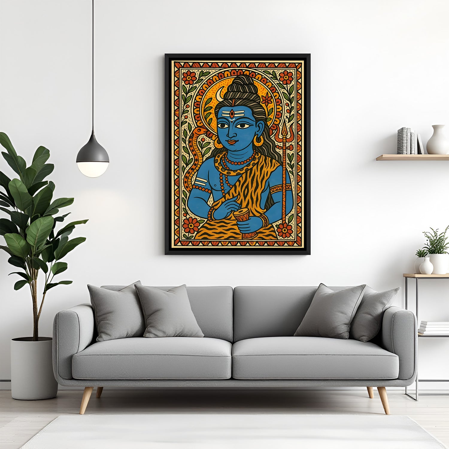 Divine Lord Shiva Madhubani artwork in elegant black floater frame for spiritual and modern interiors