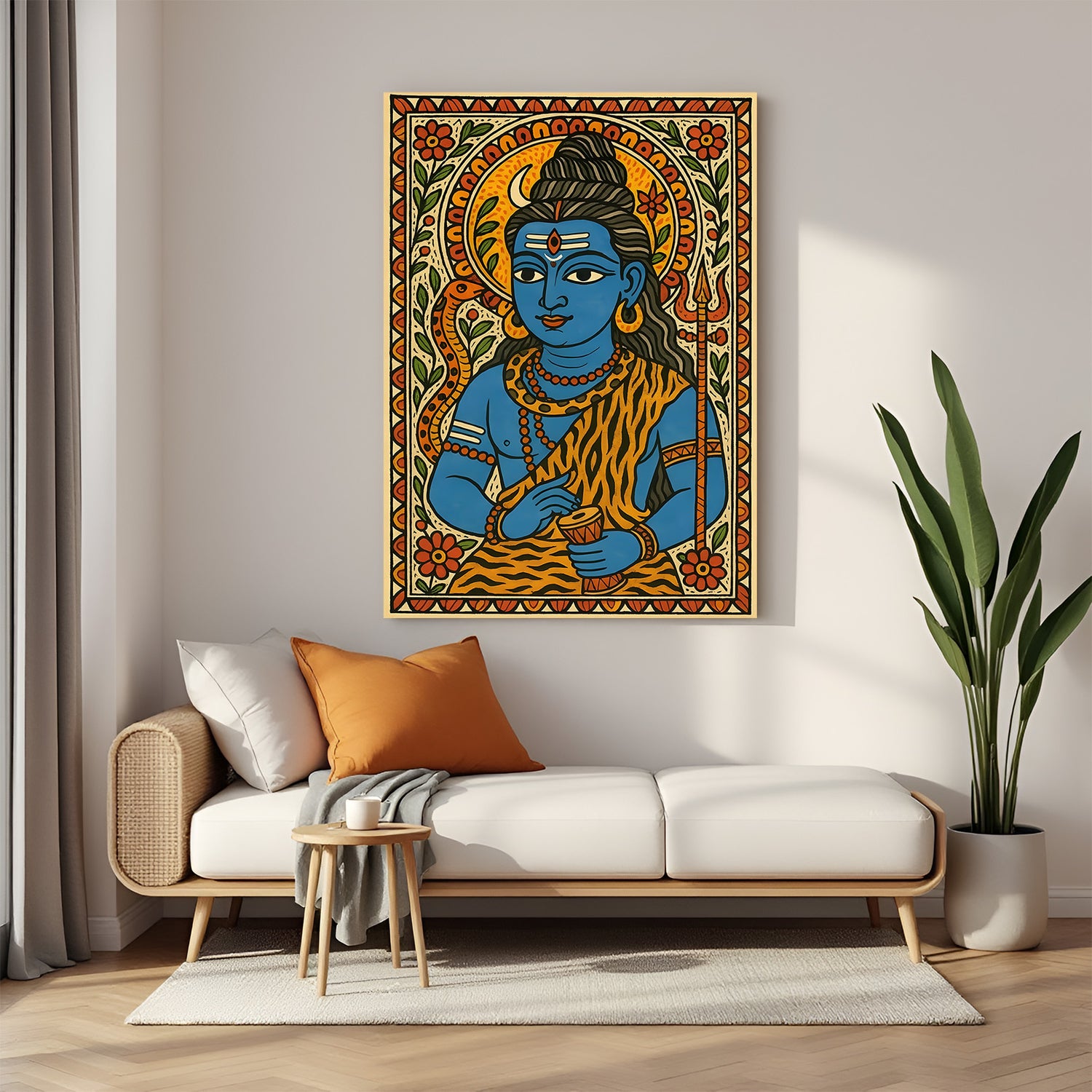 Lord Shiva Madhubani art canvas wall painting in premium wrapped frame with traditional folk detailing