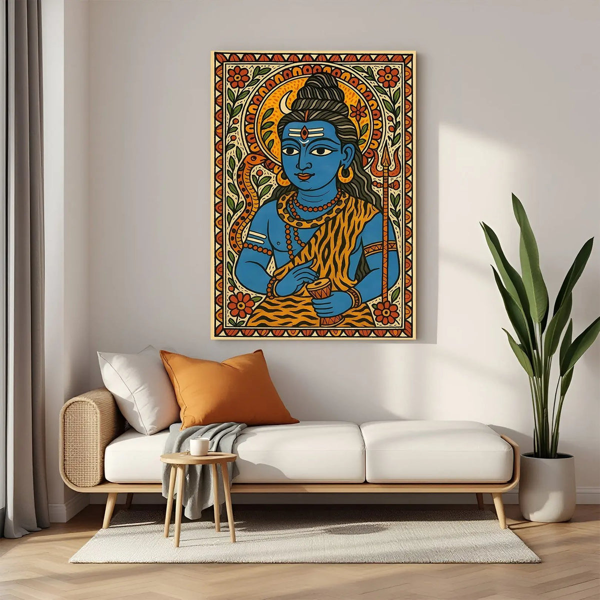 Lord Shiva Madhubani art canvas wall painting in premium wrapped frame with traditional folk detailing