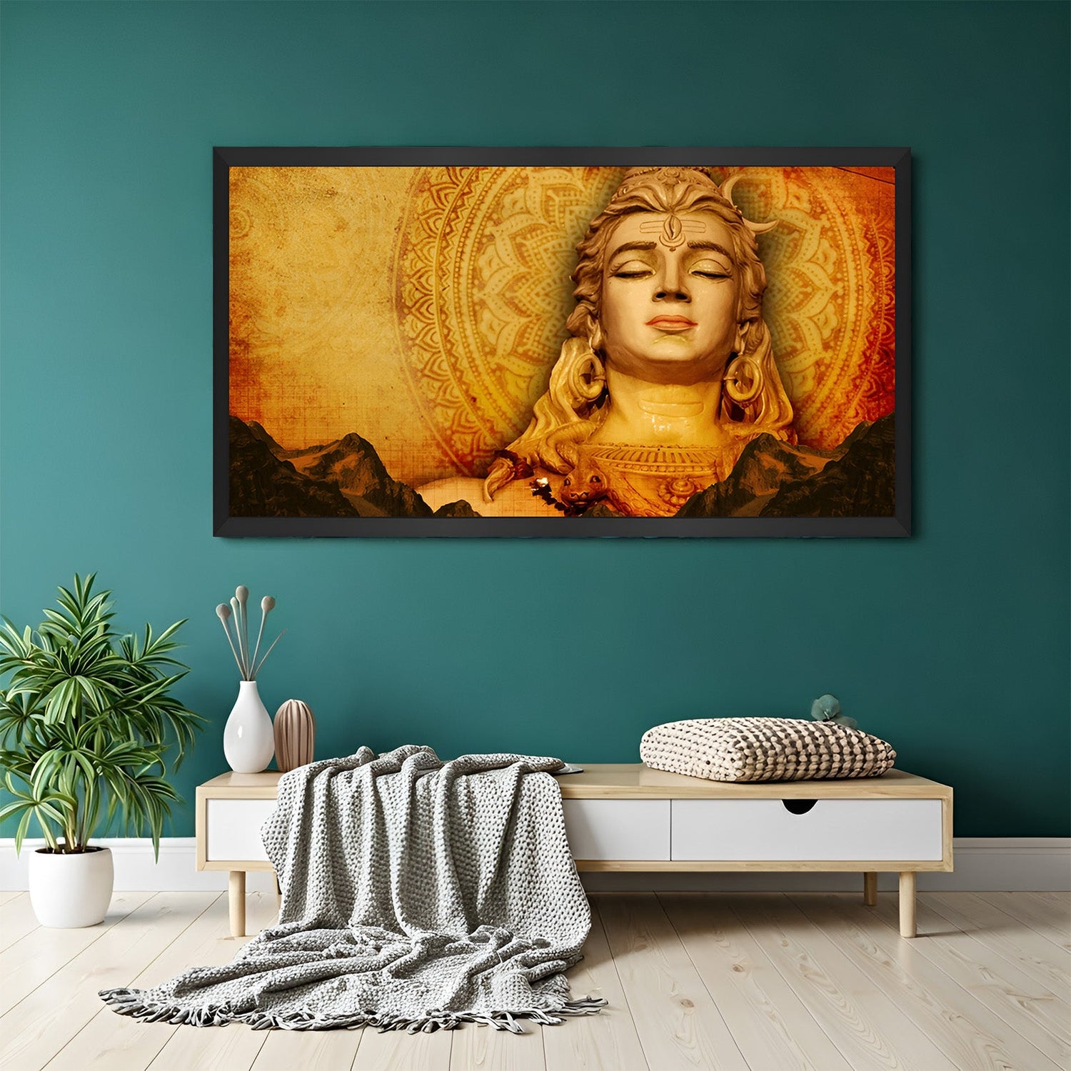 Lord Shiva Wall Art in black floater frame for Vastu-compliant home decor, promoting strength, clarity, and spiritual calmness