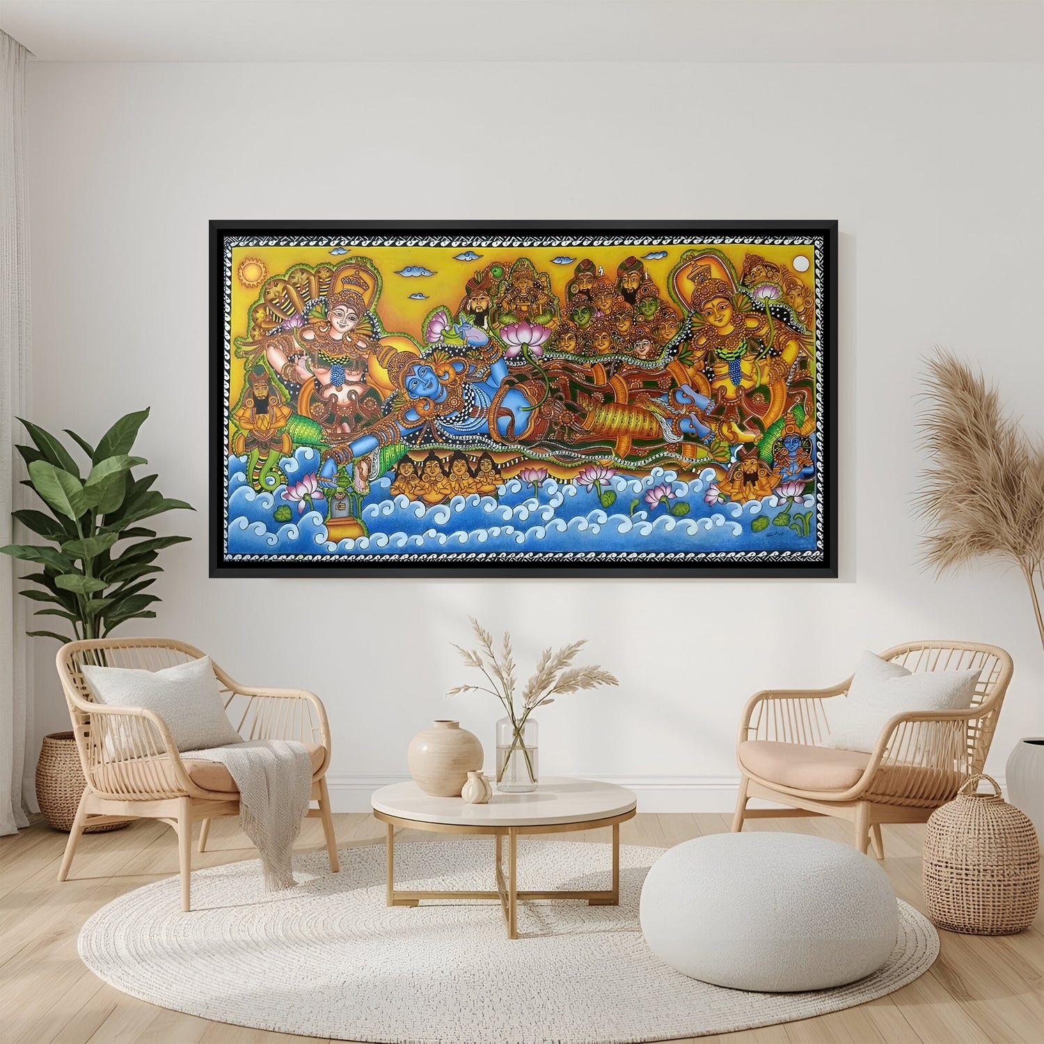 Lord Vishnu Kerala mural painting wall art in elegant black floater frame featuring intricate traditional details