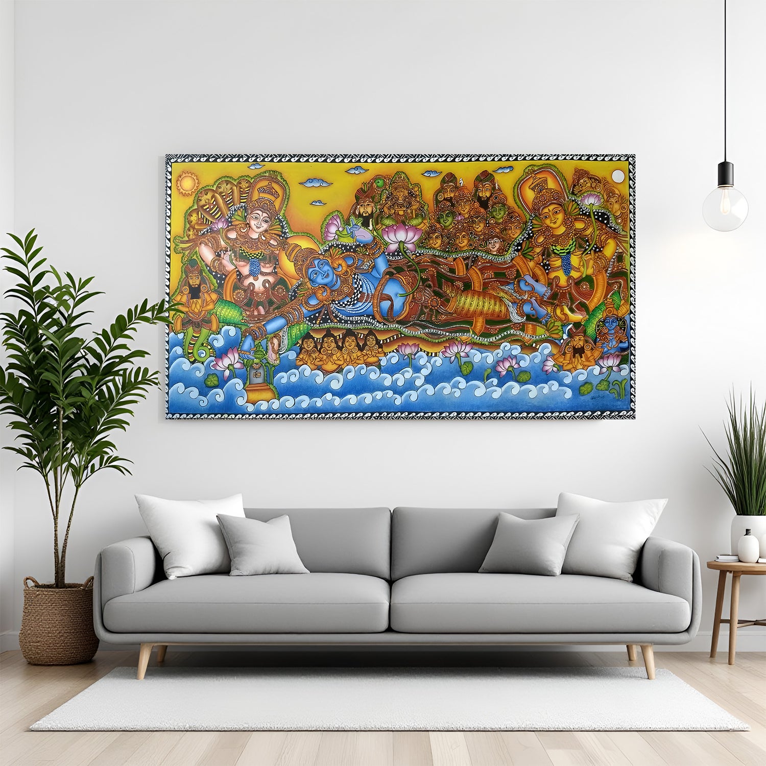 Lord Vishnu Kerala mural art canvas wall art in premium canvas wrapped frame with traditional Indian painting style