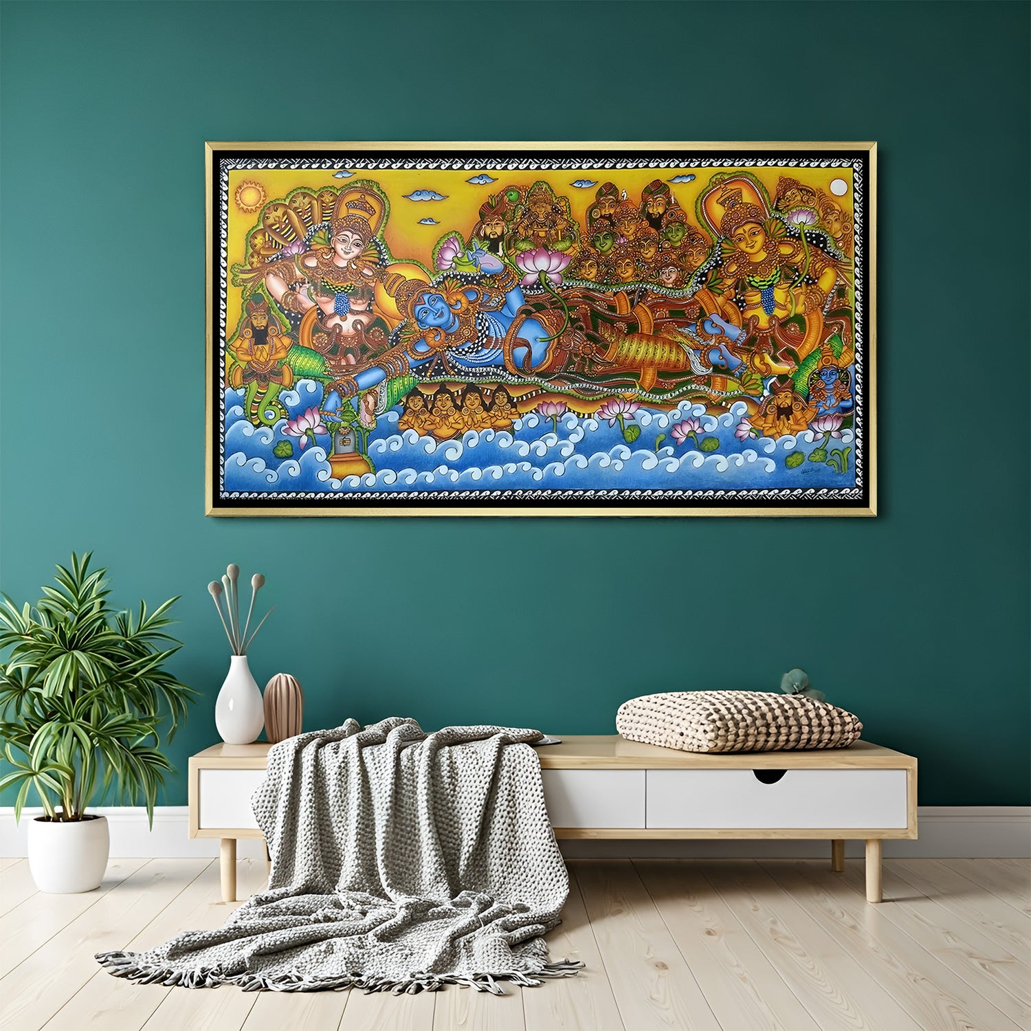 Lord Vishnu Kerala mural artwork in luxury golden floater frame showcasing vibrant temple art heritage