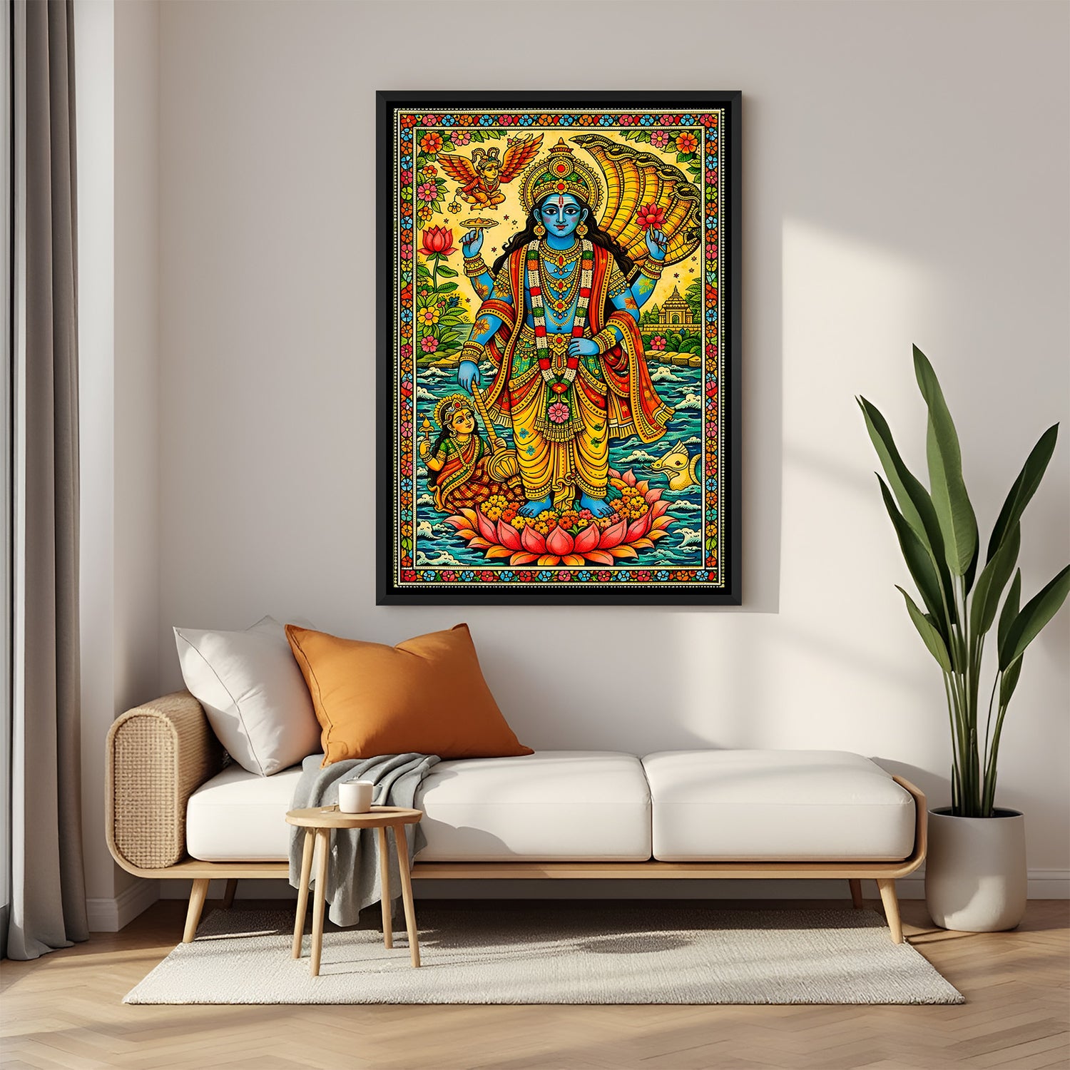 Divine Vishnu and Lakshmi Madhubani artwork in elegant black floater frame for modern spiritual interiors