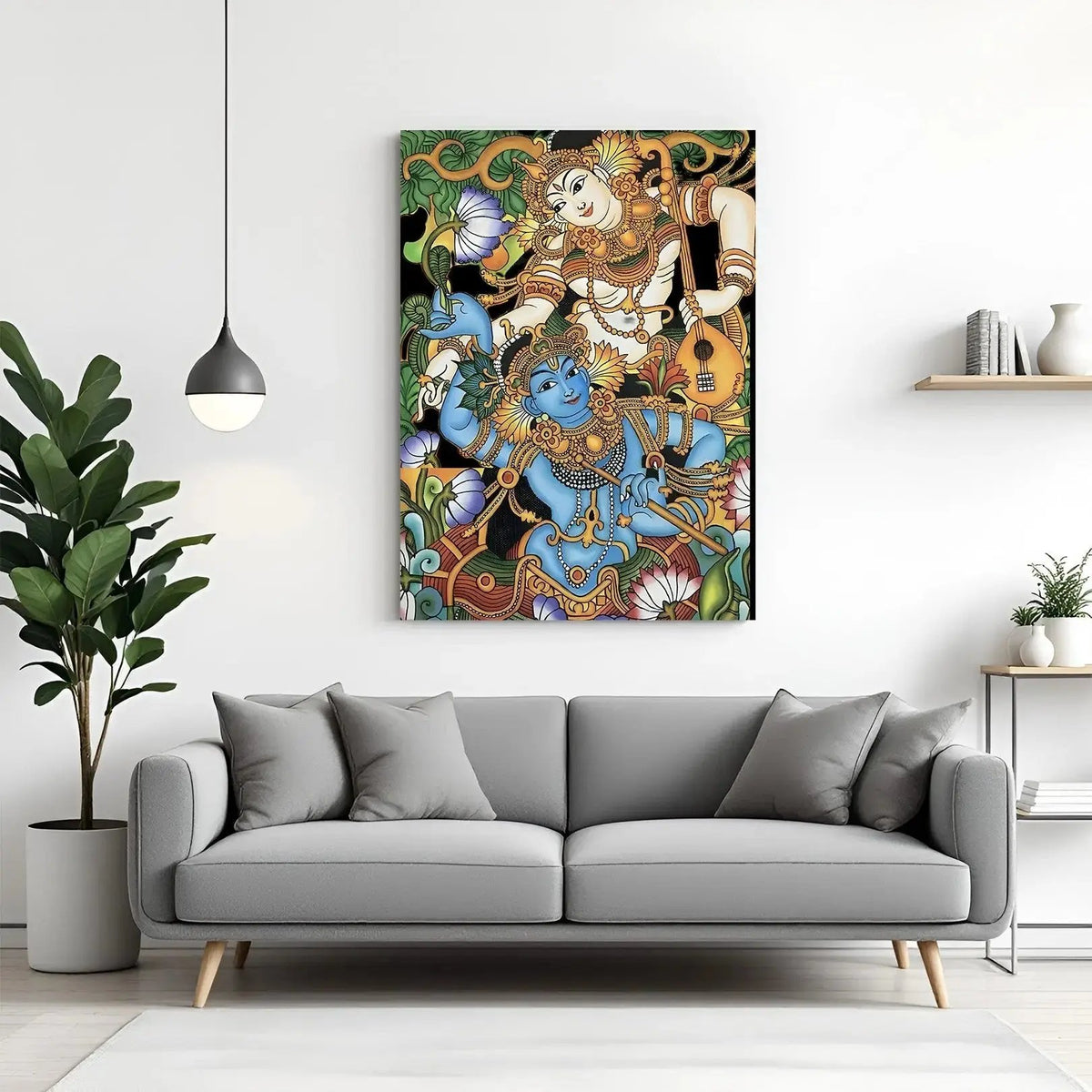 Lord Vishnu Vaikuntha Splendor Kerala mural canvas wall art in premium canvas wrapped frame with traditional temple artwork