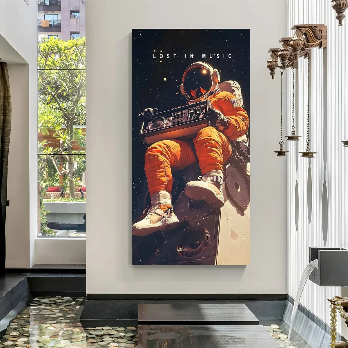 Lost in Music astronaut space motivation canvas wall art with astronaut holding radio in cosmic galaxy background