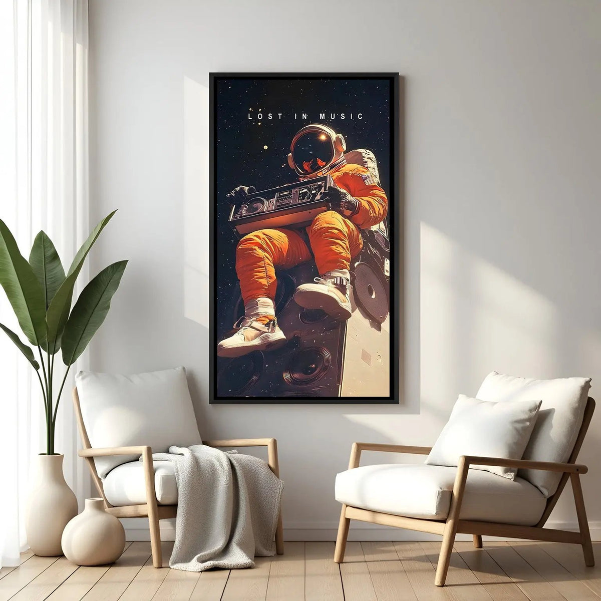Astronaut space motivational wall art with Lost in Music quote in elegant black floater frame modern cosmic decor