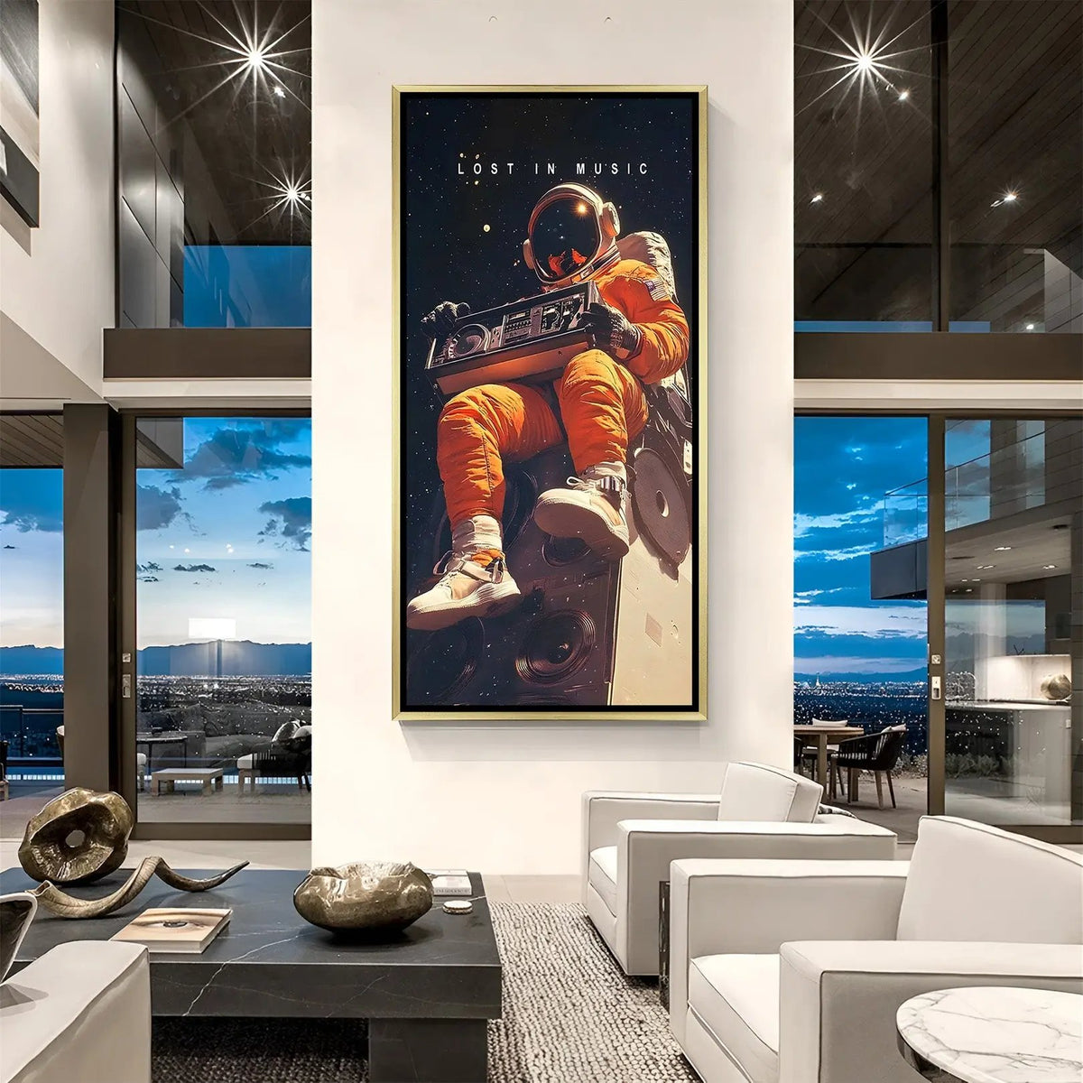 Luxury Lost in Music astronaut canvas artwork in golden floater frame with dreamy space radio theme