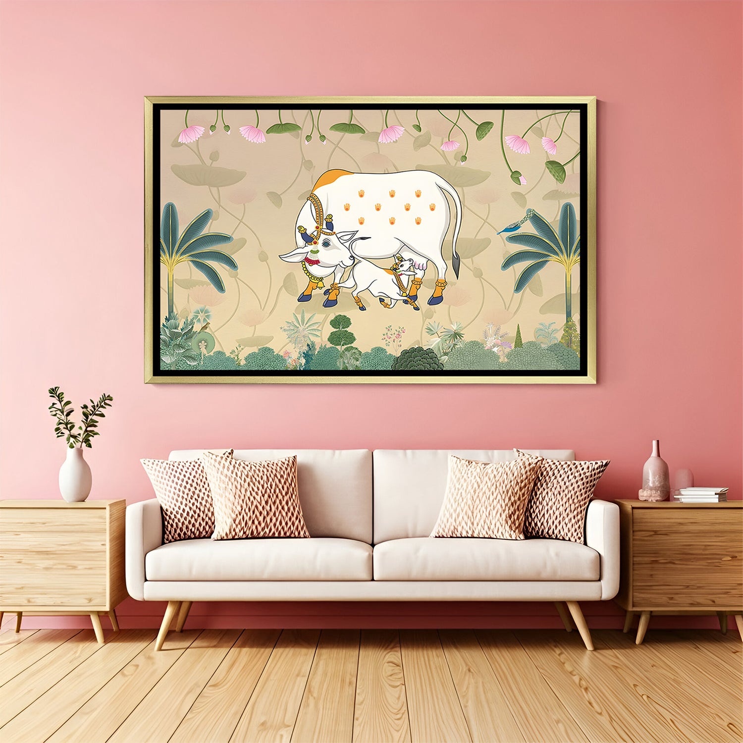 Lotus Blessings Kamadhenu artwork in luxury golden floater frame featuring sacred cow and calf