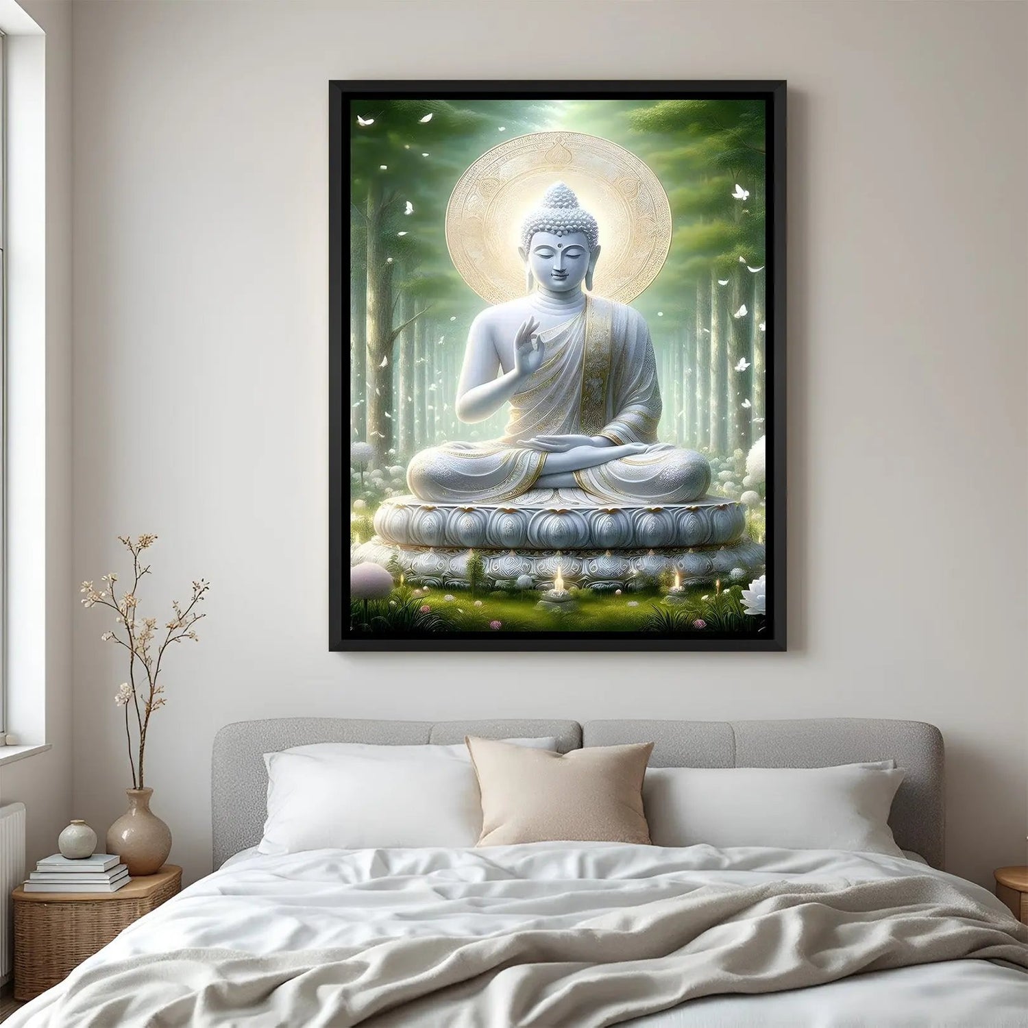 Lotus Halo Buddha spiritual canvas artwork in premium black floater frame