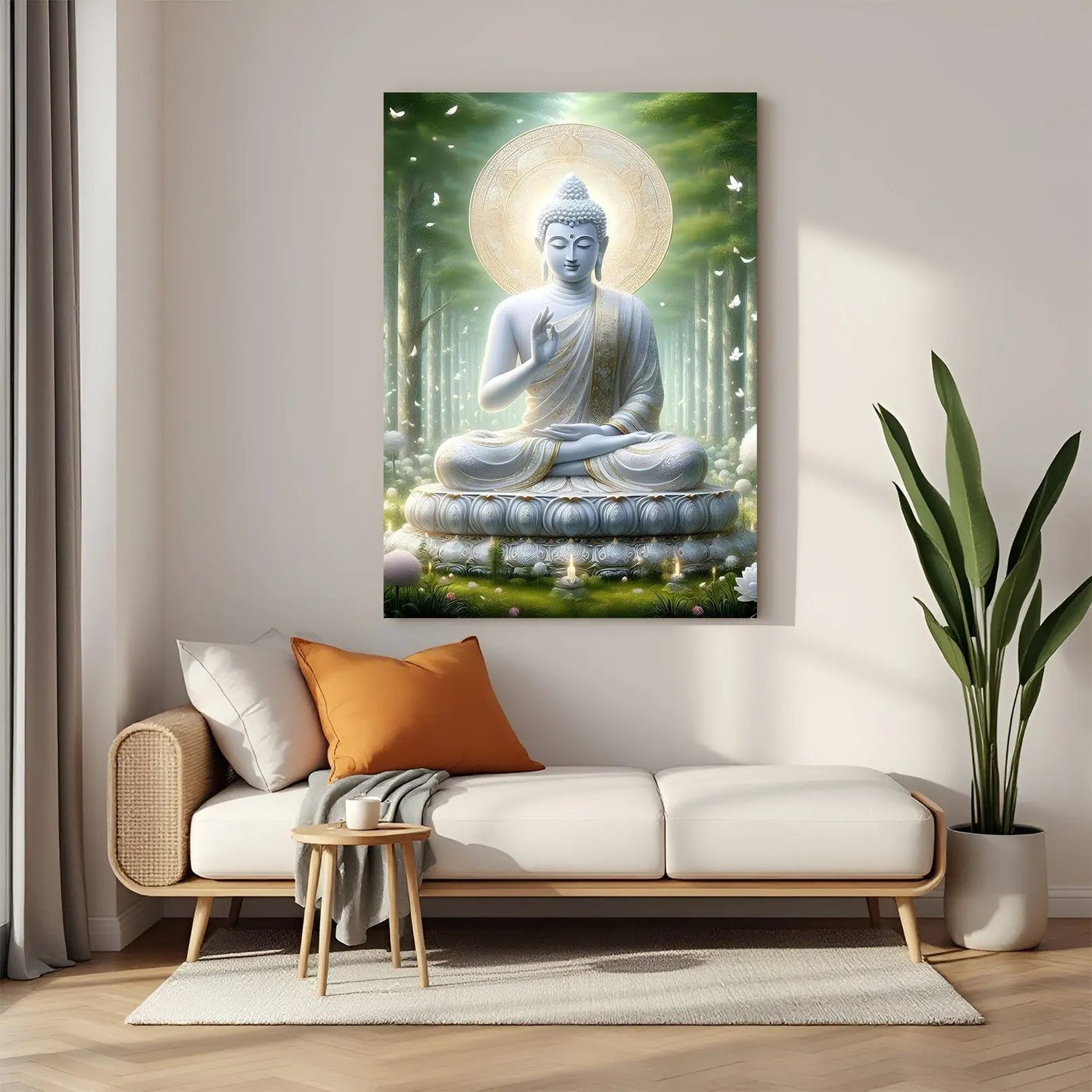 Lotus Halo Buddha canvas painting with Vitarka Mudra spiritual artwork in canvas wrapped frame