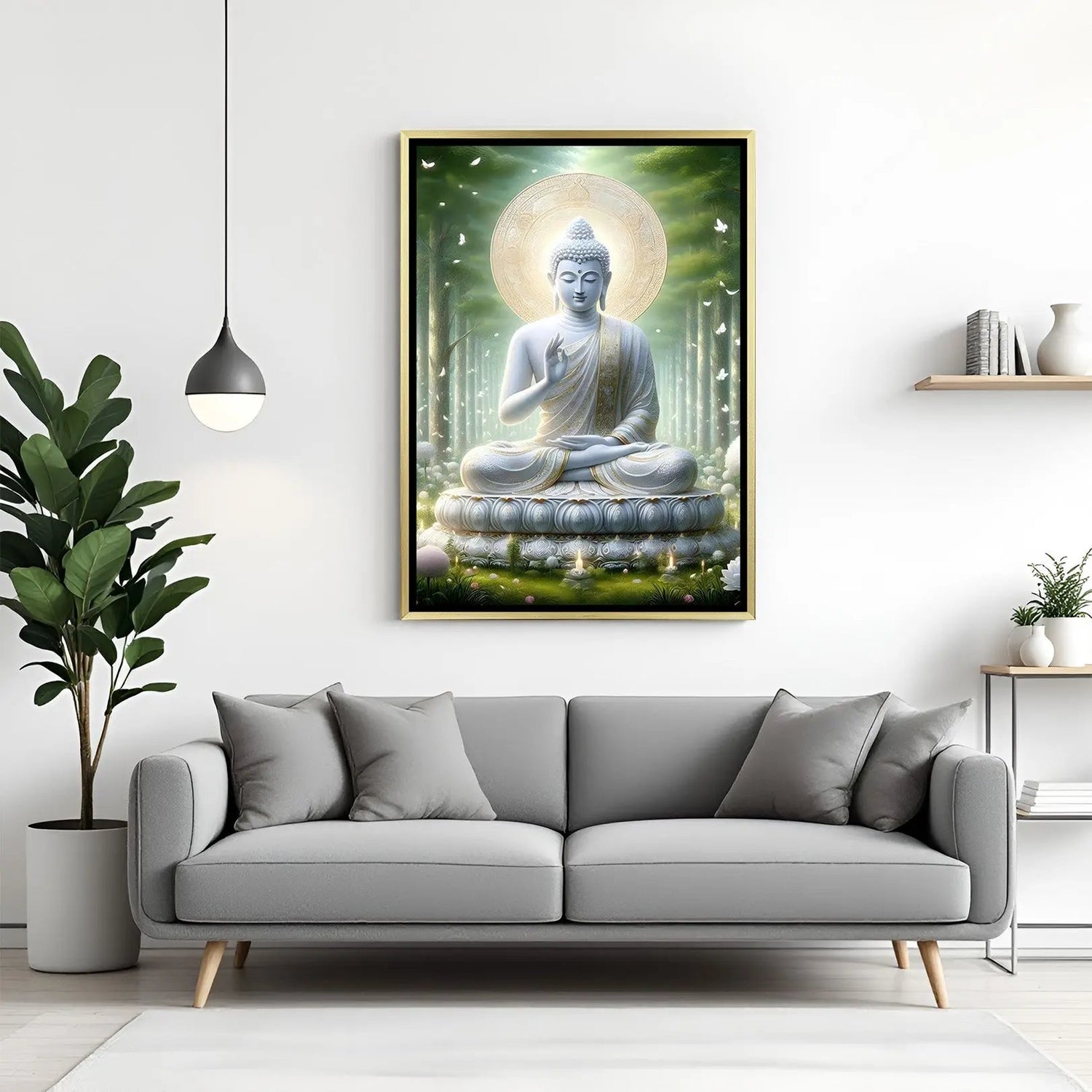 Lotus Halo Buddha wall art in luxury golden floater frame with meditation halo design