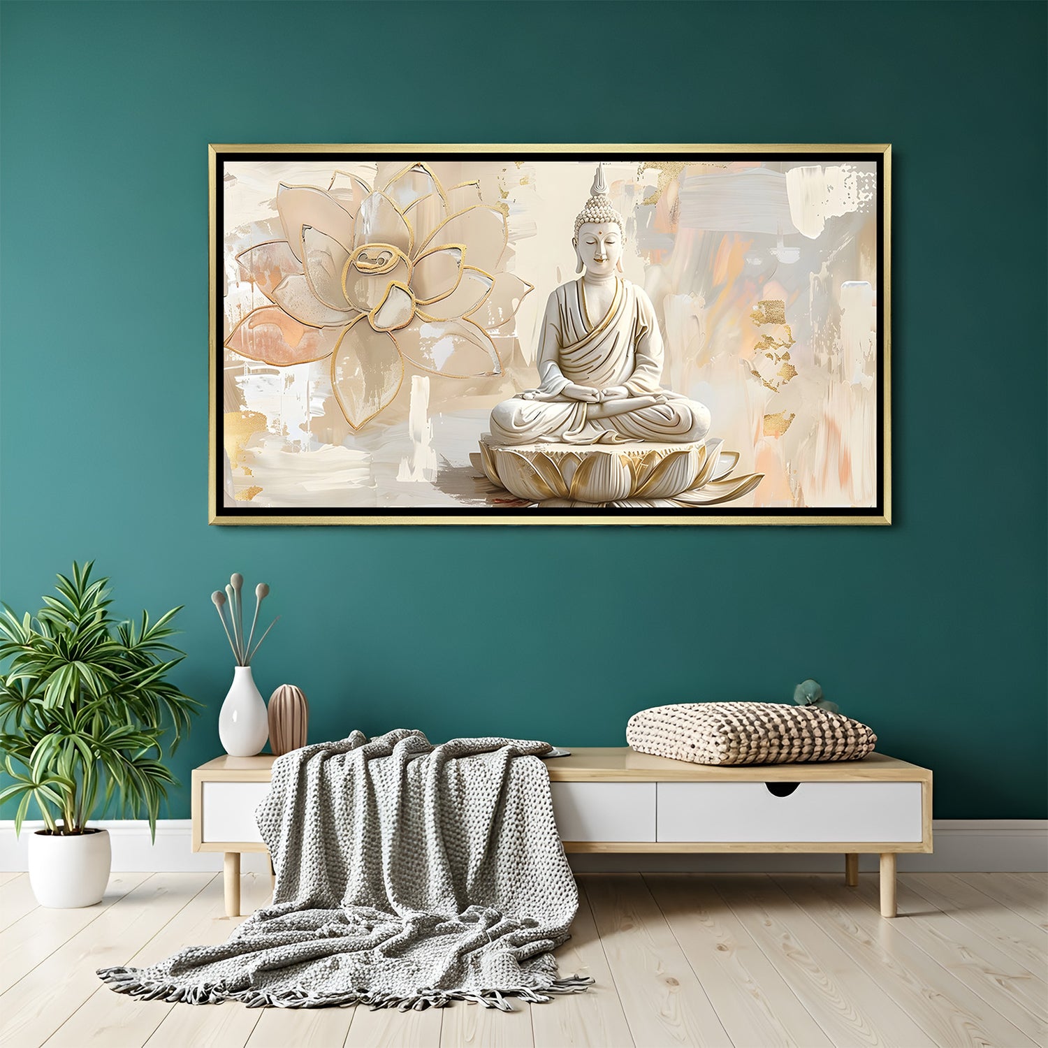 Luxury Buddha lotus wall art in gold floater frame showcasing elegant cream and gold spiritual decor.