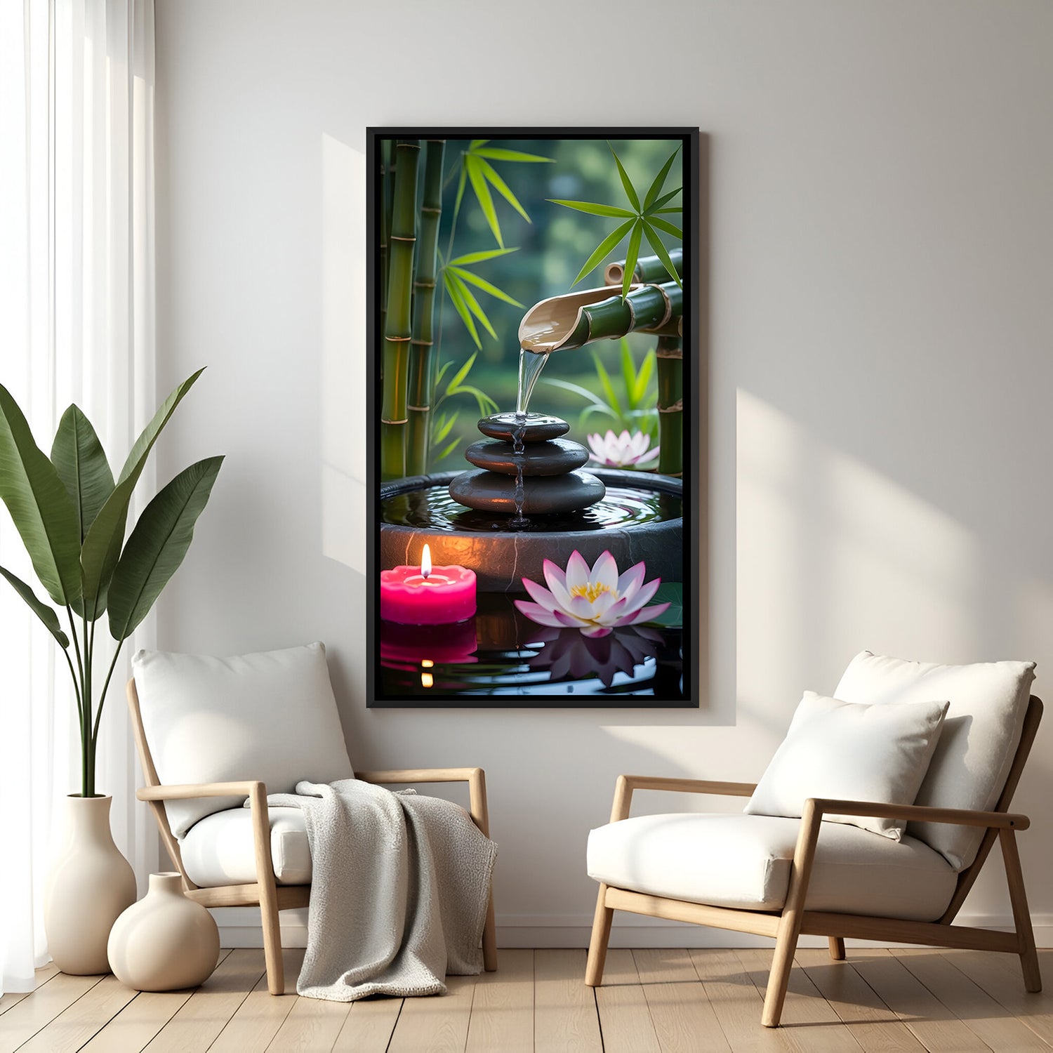 Peaceful spa artwork featuring bamboo water fountain and floating lotus flowers in elegant black floater frame
