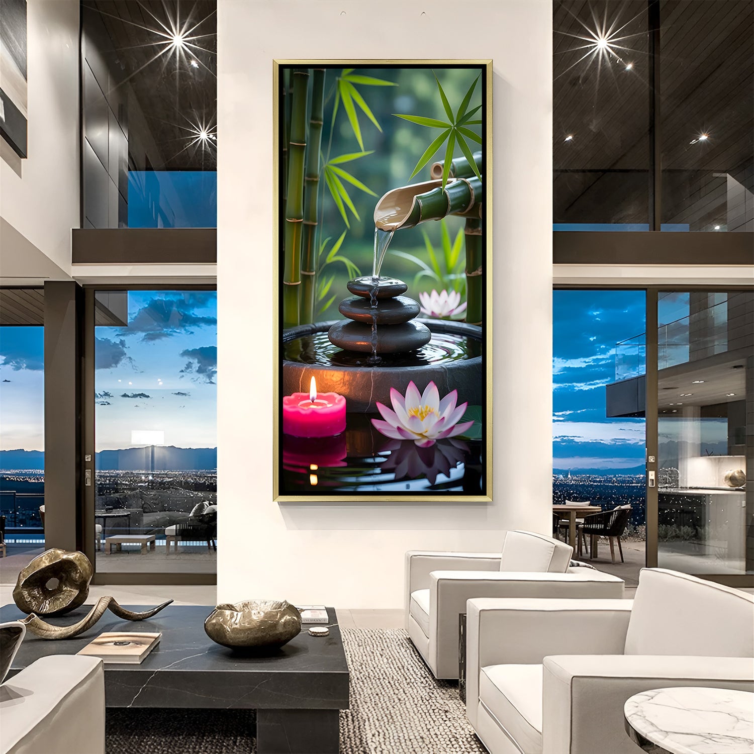 Relaxing Zen canvas painting with stacked stones, glowing candle, and lotus blossoms in luxurious golden floater frame