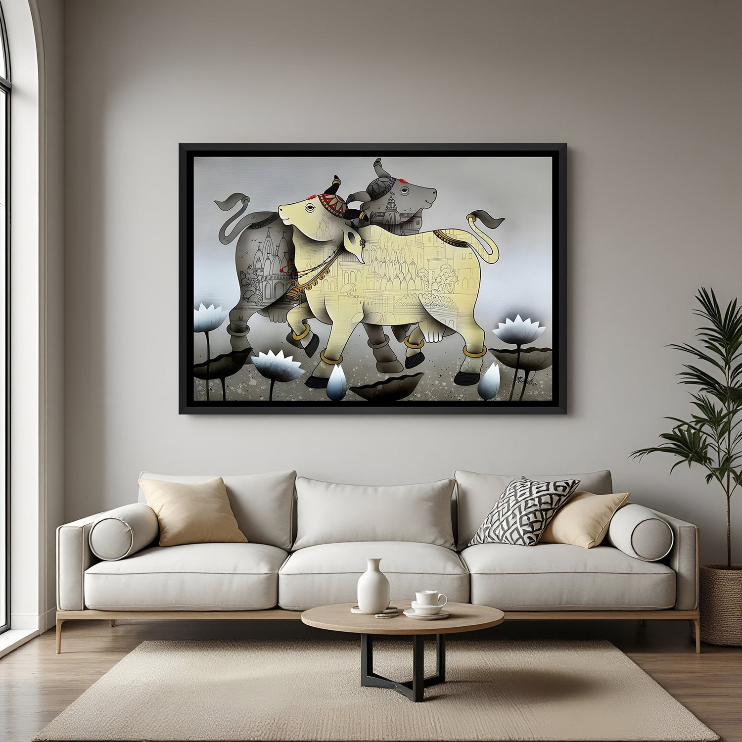 Sacred Kamadhenu cow painting with lotus blooms and architectural detailing in black floater frame