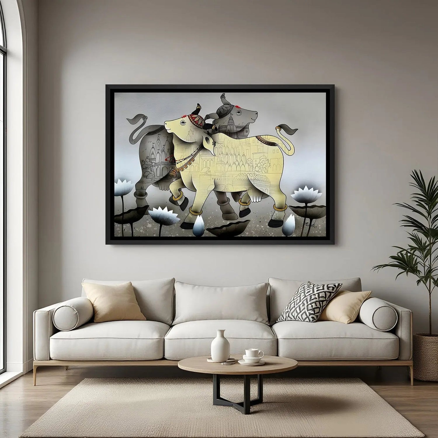 Sacred Kamadhenu cow painting with lotus blooms and architectural detailing in black floater frame
