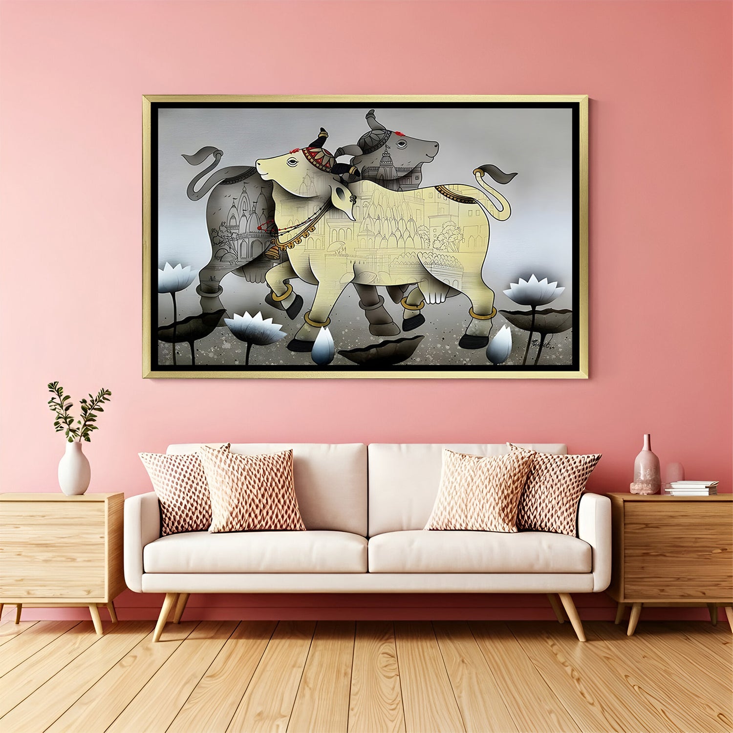 Lotus Path Kamadhenu artwork in luxury golden floater frame featuring sacred cow and calf design