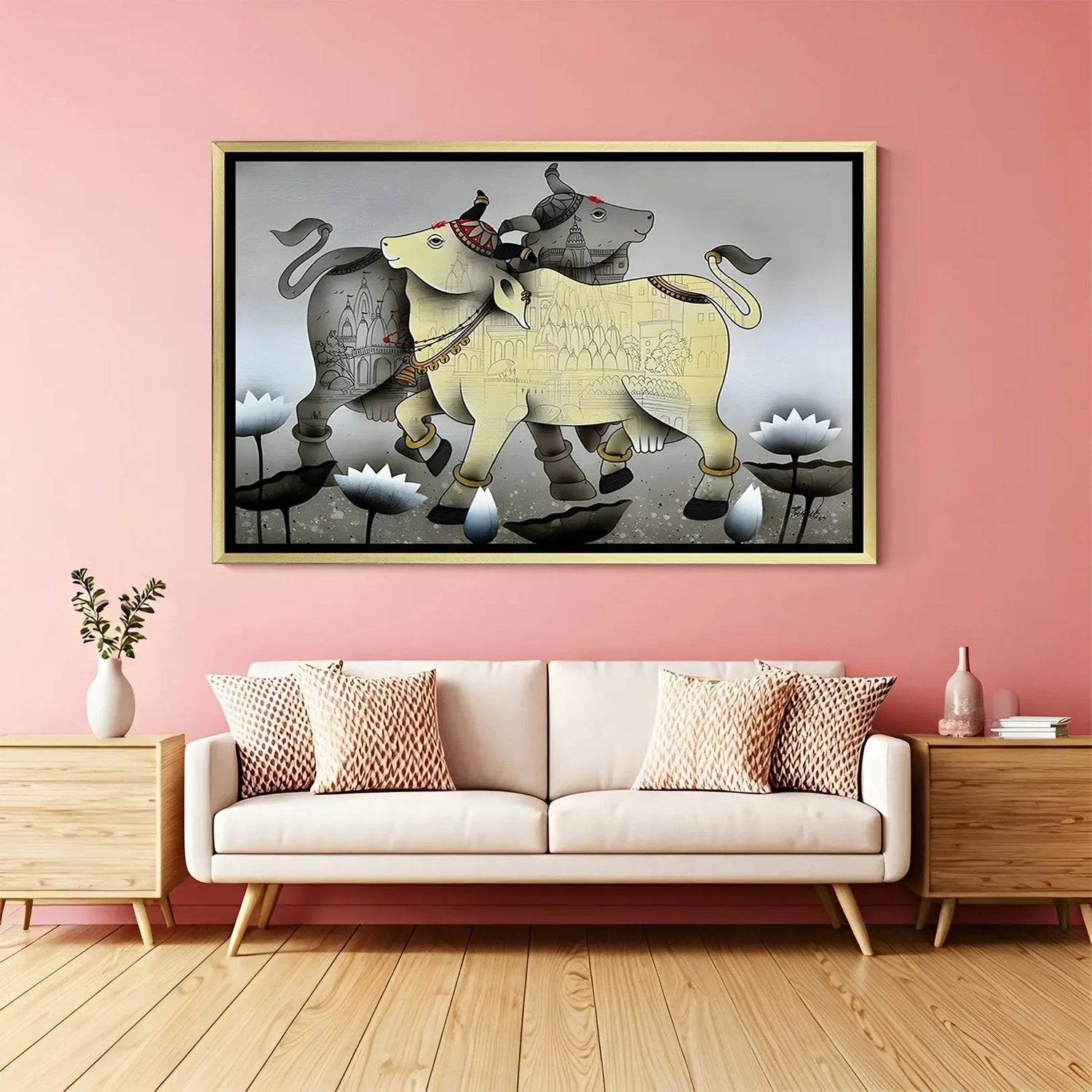 Lotus Path Kamadhenu artwork in luxury golden floater frame featuring sacred cow and calf design